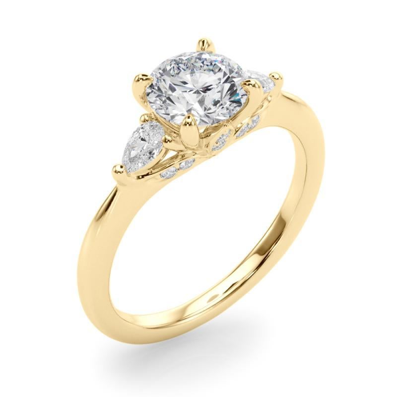 Bague à trois pierres en or jaune 18 carats certifiée GIA de 1,31 carat de diamants ronds et de poires Pour femmes en vente