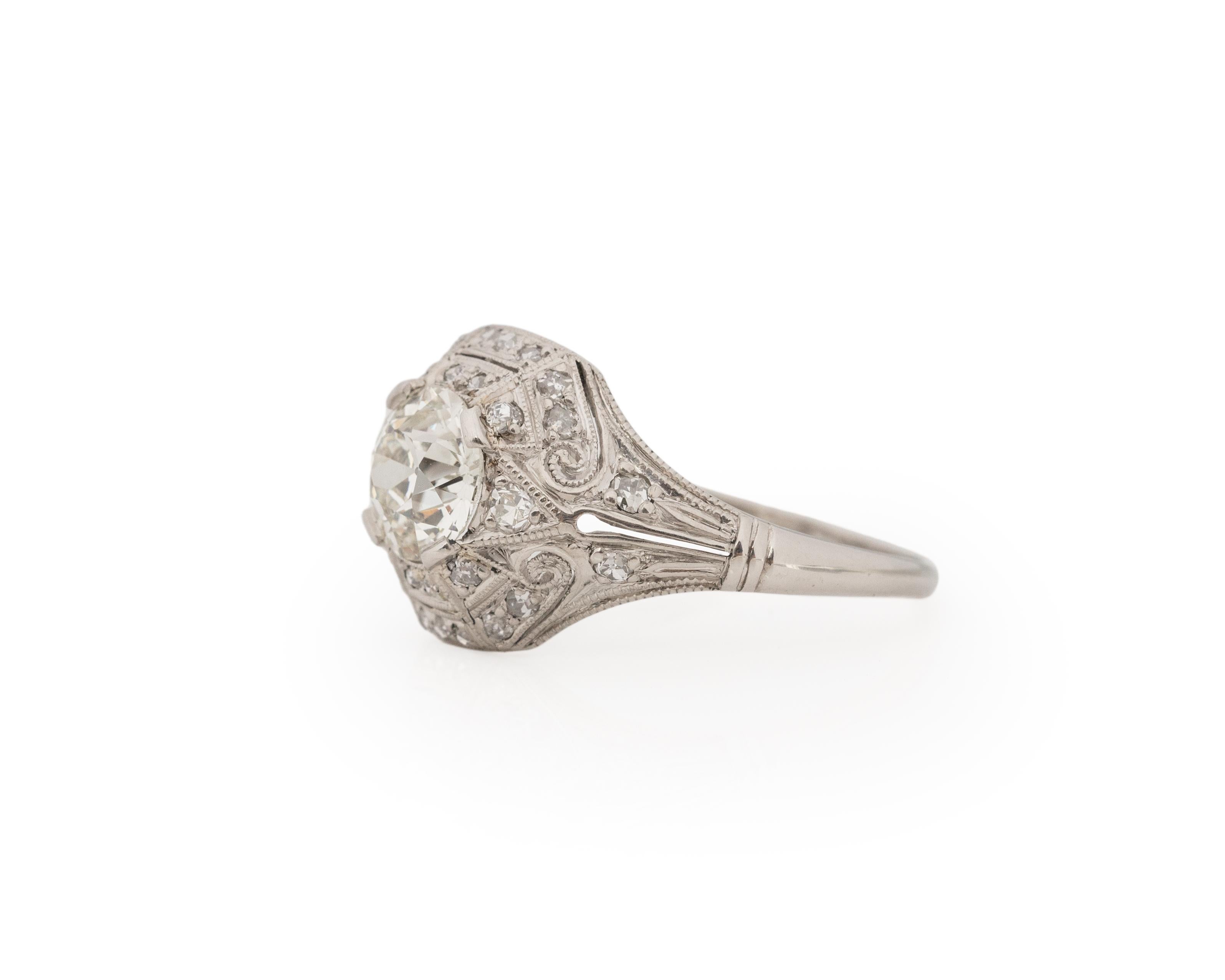 Taille vieille Europe Bague de fiançailles Art déco en platine avec diamants de 1.31 carat de poids total certifiés par le GIA en vente