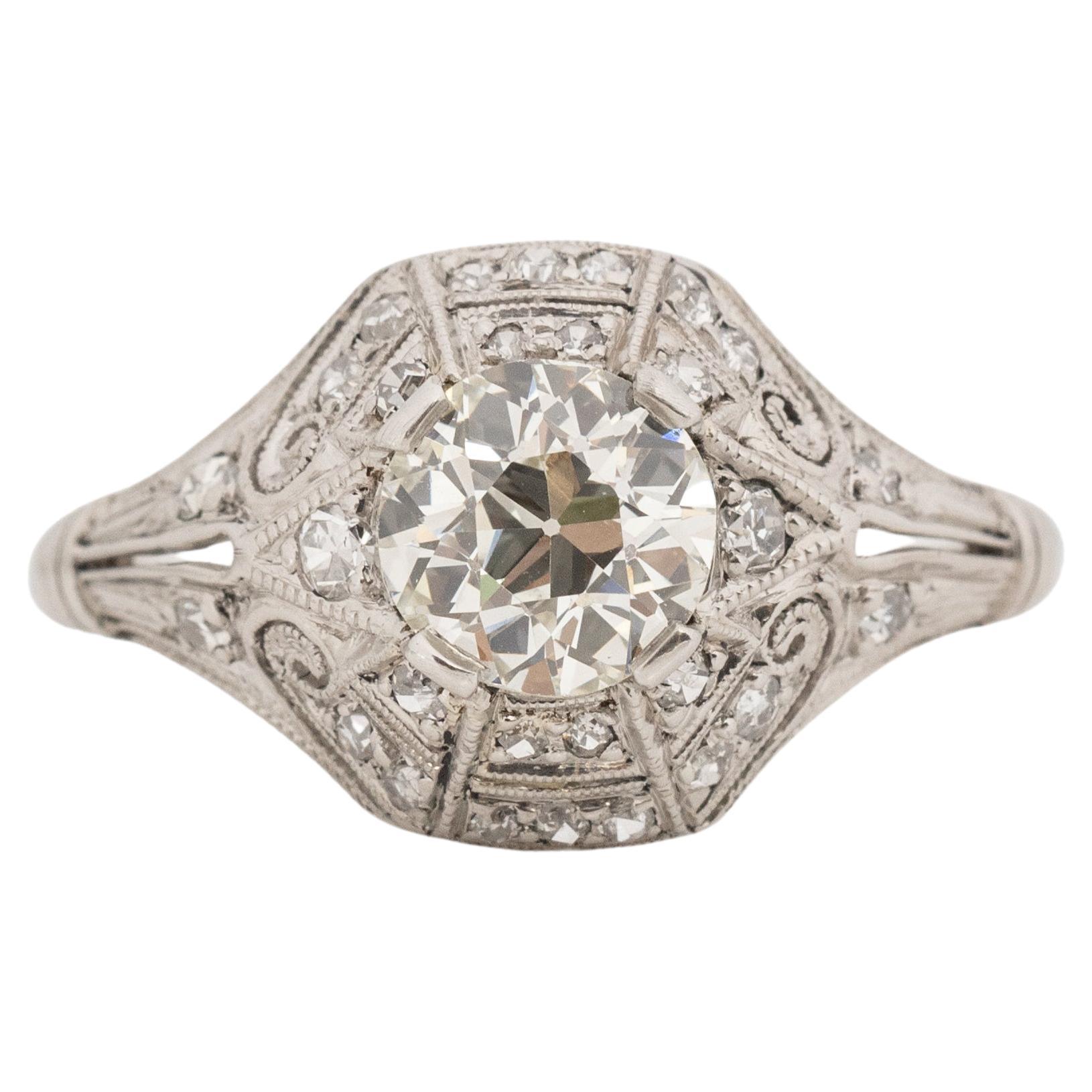 Bague de fiançailles Art déco en platine avec diamants de 1.31 carat de poids total certifiés par le GIA en vente