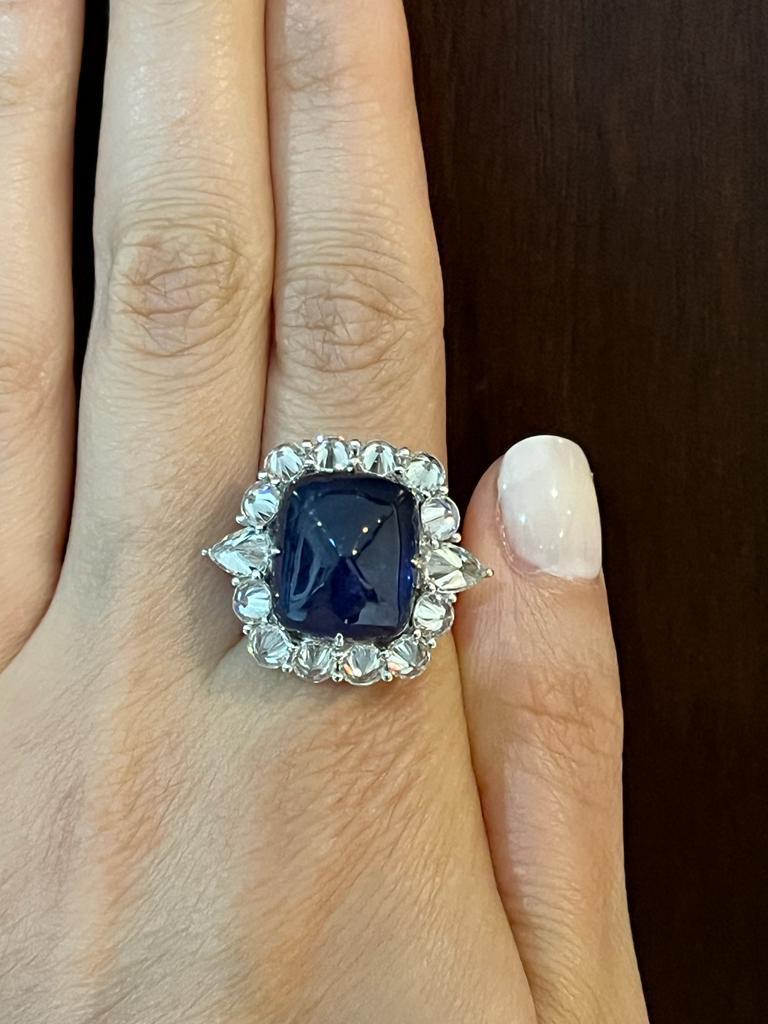 Sugarloaf Cabochon GIA Certified 13.15 Carat Sugarloaf Sapphire and Diamond Ring For Sale