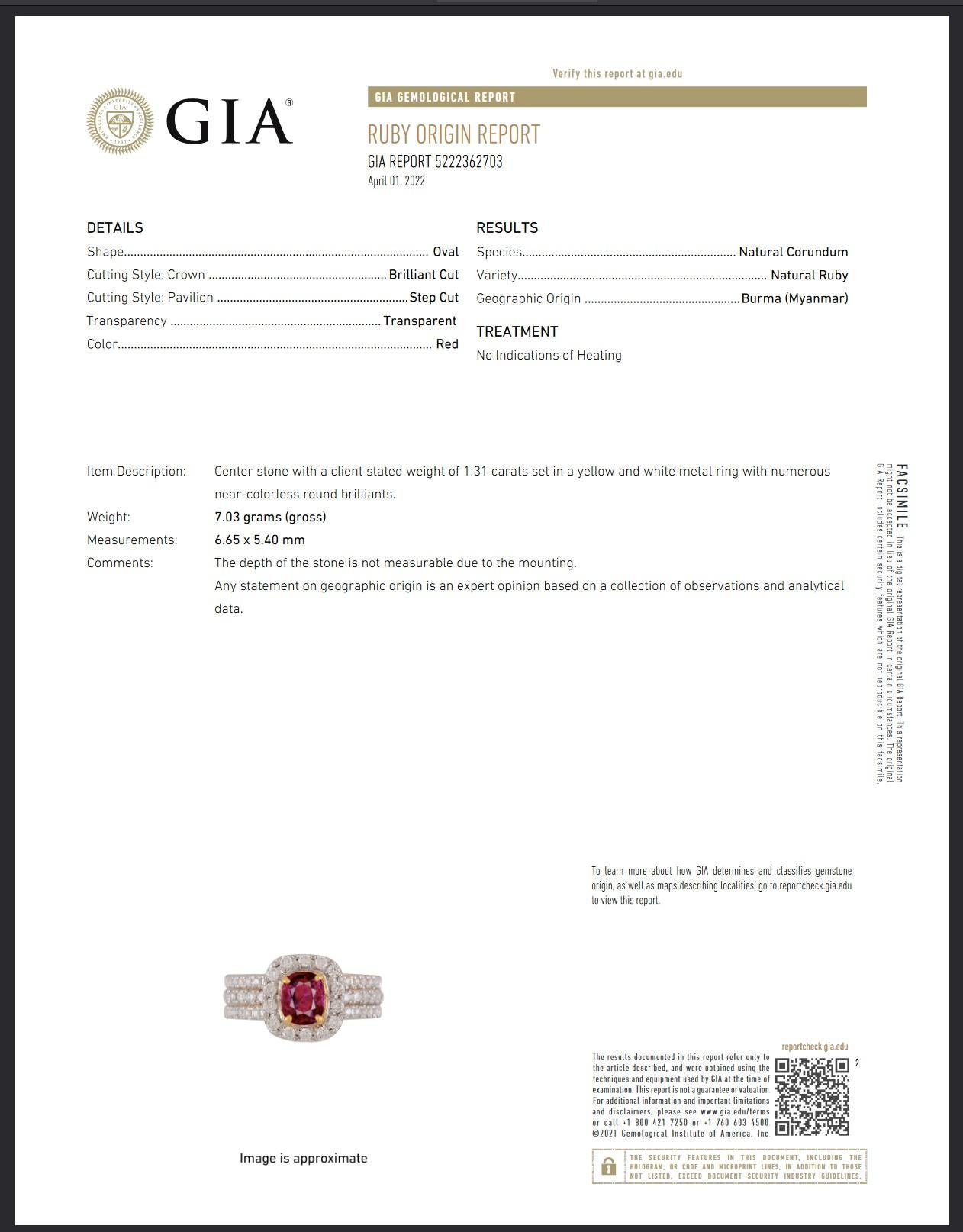 Art Deco GIA Certified 1.31Carat Burma No Heat Ruby Ring