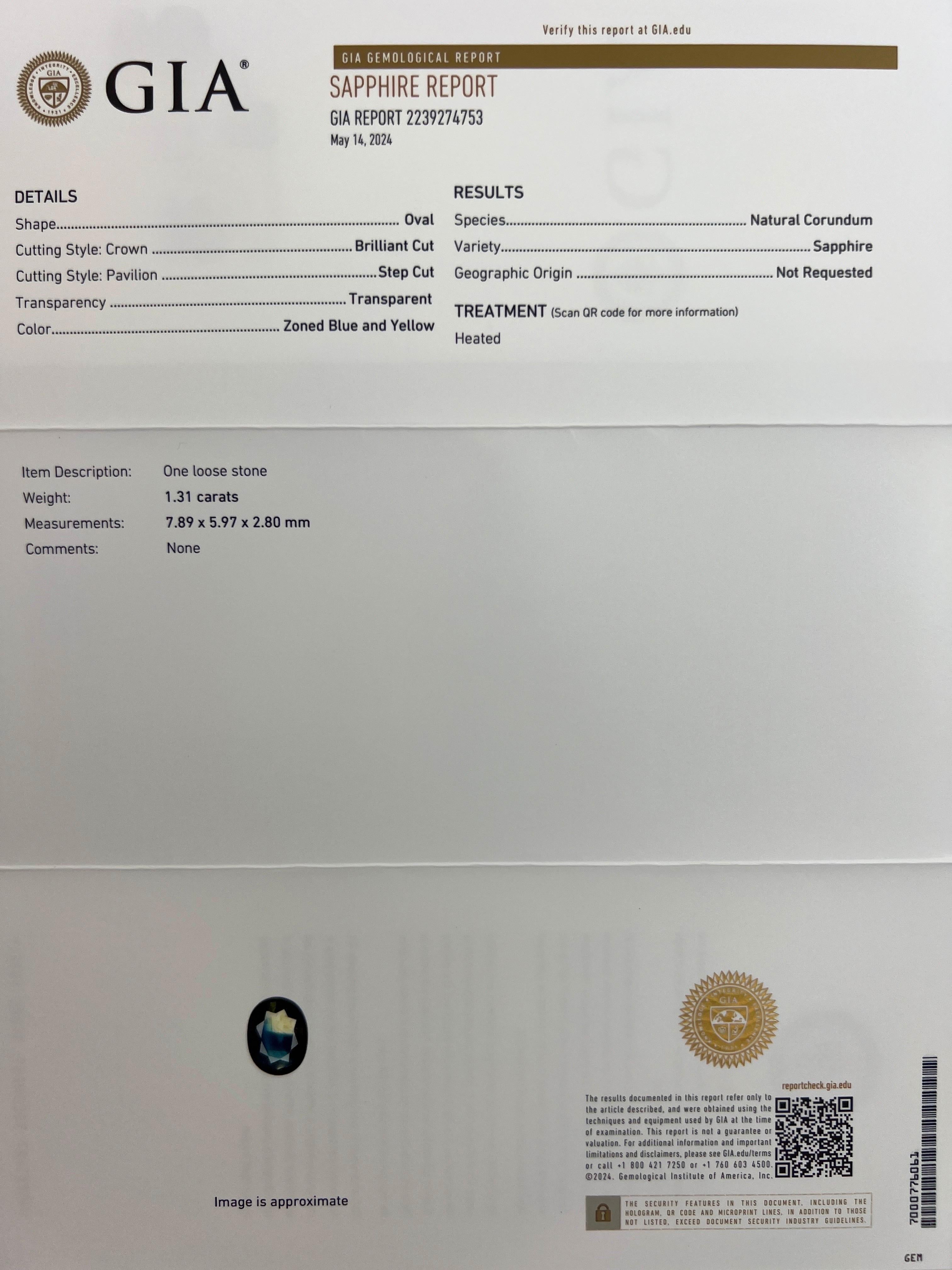 GIA Certified 1.31ct Untreated Bi Colour Sapphire Oval Cut Platinum Pendant In New Condition In Birmingham, GB
