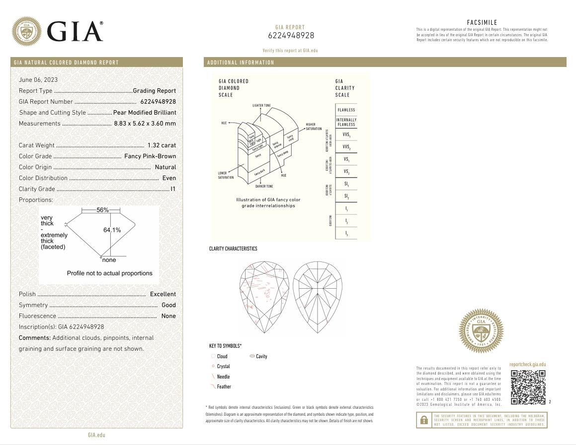 GIA Certified 1.32 Carat Fancy Pink Brown I1 Clarity Diamond For Sale 1