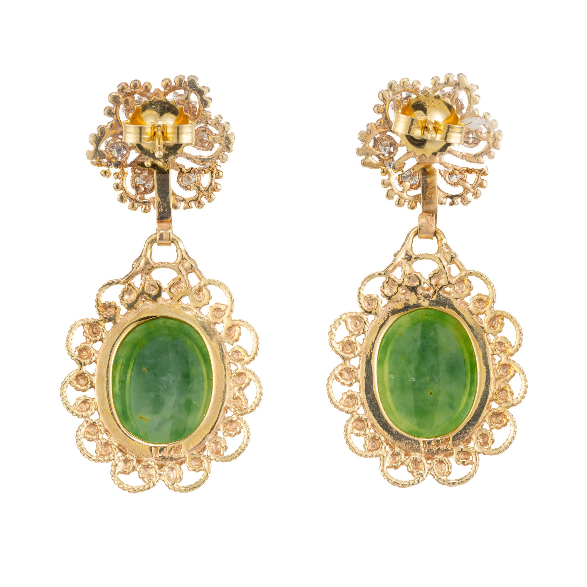 Oval Cut GIA Certified 13.2 Carat Jadeite Jade Diamond Yellow Gold Dangle Earrings For Sale