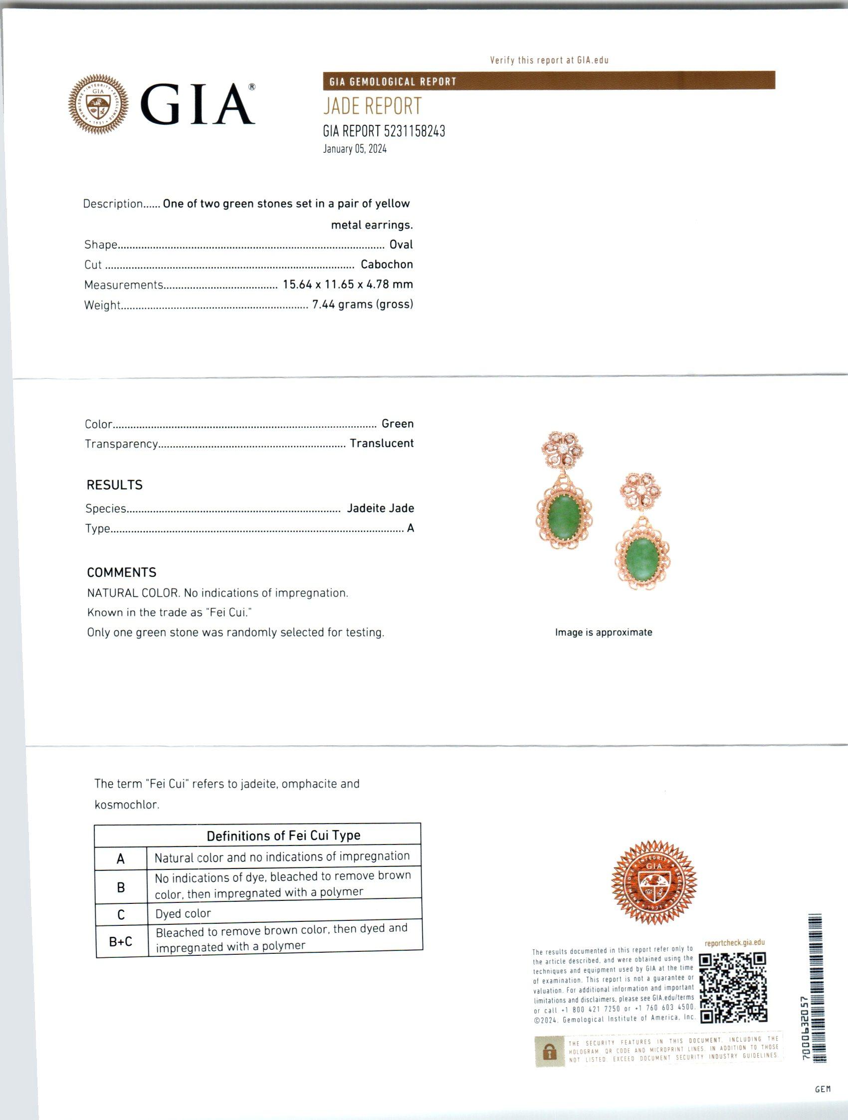 GIA-zertifizierte 13,2 Karat Jadeit Diamant Gelbgold Ohrhänger im Zustand „Gut“ im Angebot in Stamford, CT
