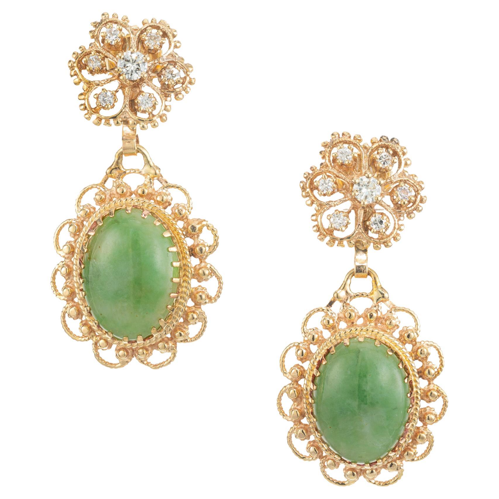 GIA Certified 13.2 Carat Jadeite Jade Diamond Yellow Gold Dangle Earrings For Sale