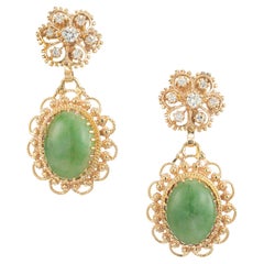 Vintage GIA Certified 13.2 Carat Jadeite Jade Diamond Yellow Gold Dangle Earrings
