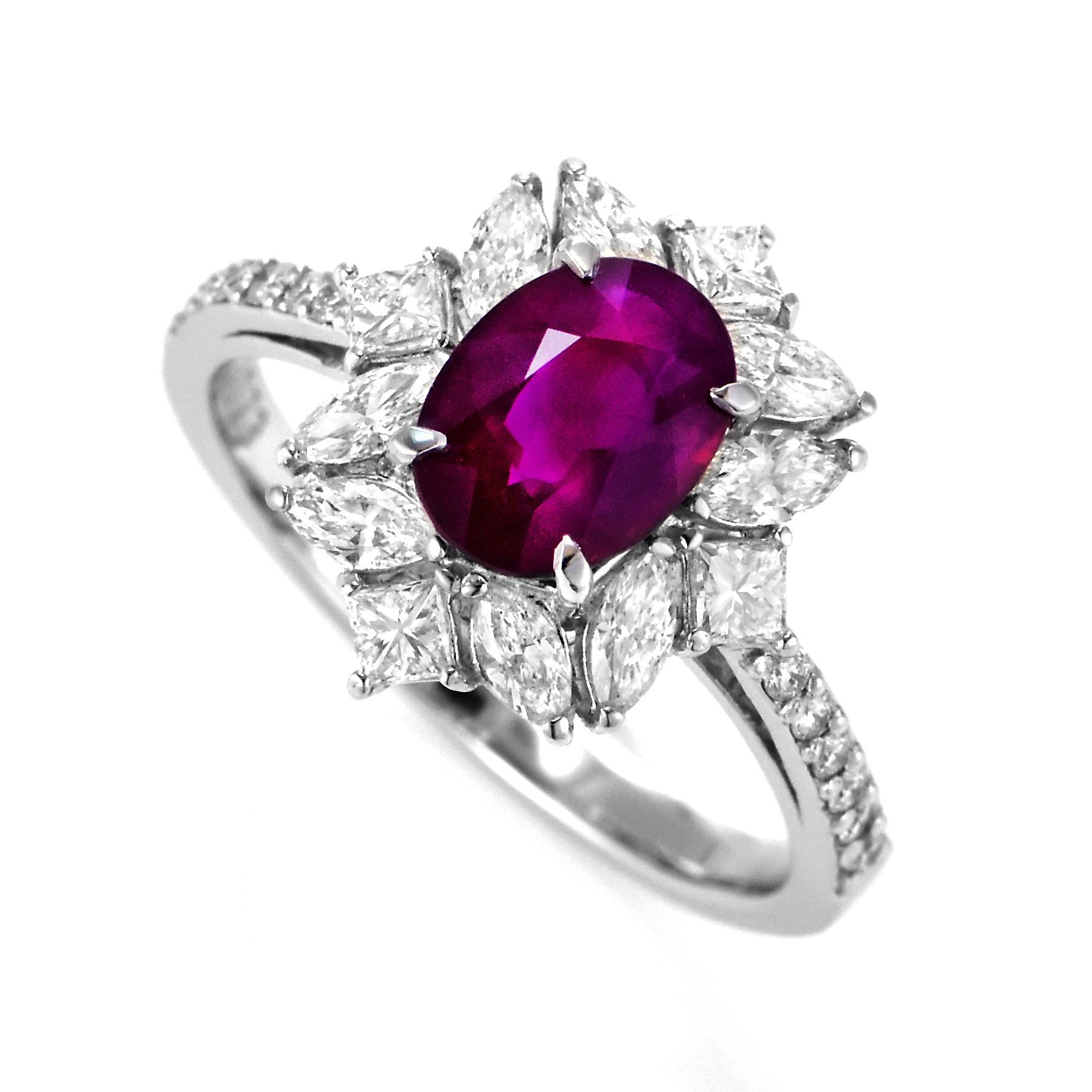 A beautiful Ring made in Platinum featuring a GIA certified 1.32 Carat Natural Burmese Ruby and 0.73 Carat Diamonds. Rubies are referred to as 