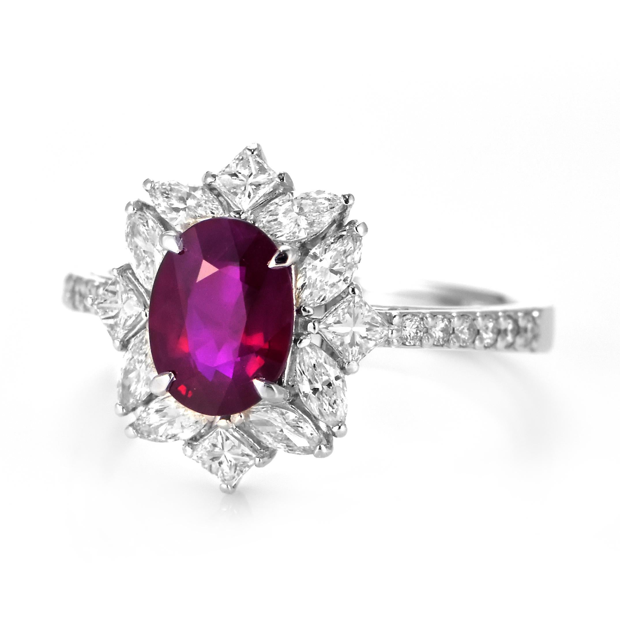 Modern GIA Certified 1.32 Carat Natural Burmese Ruby and Diamond Ring Made in Platinum