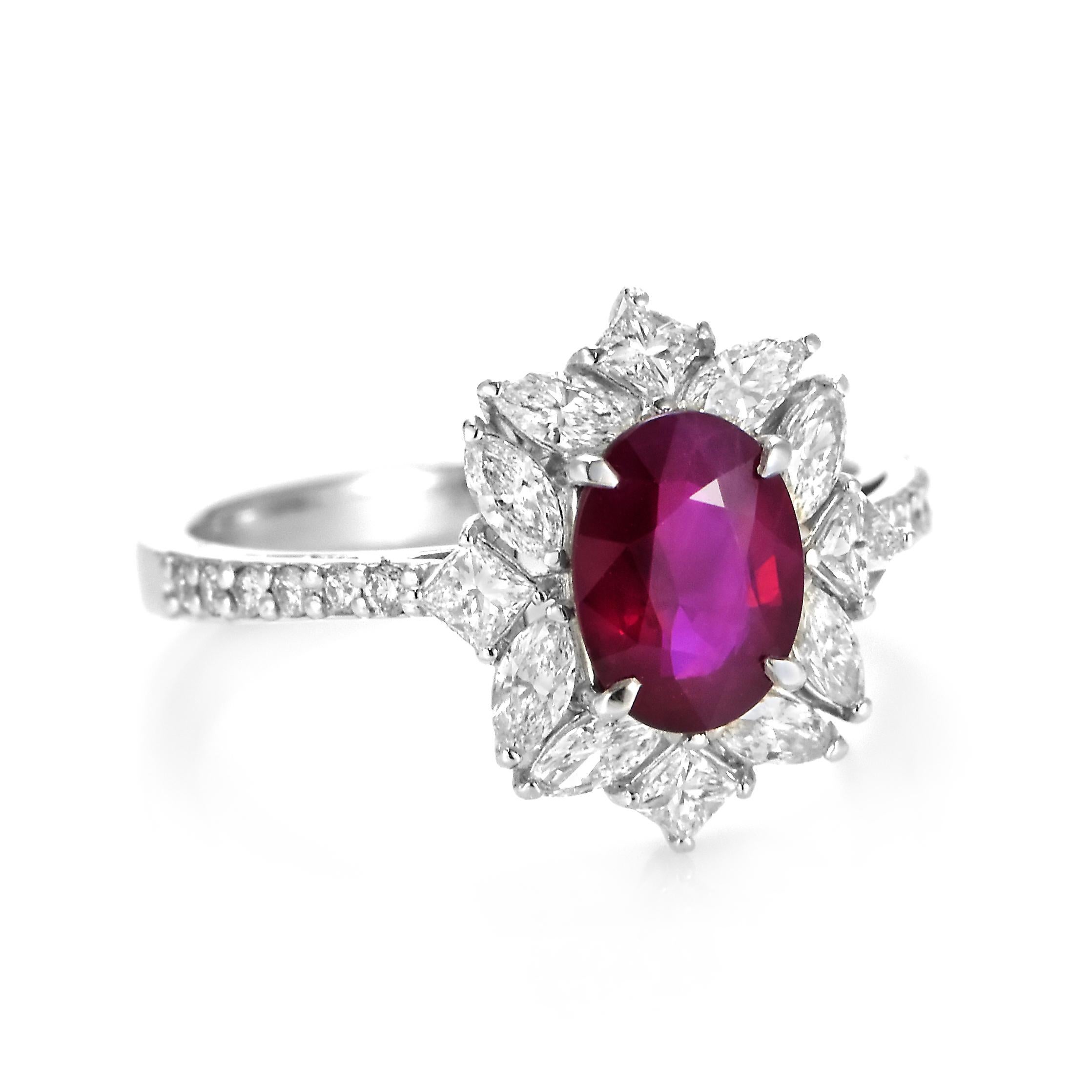 Oval Cut GIA Certified 1.32 Carat Natural Burmese Ruby and Diamond Ring Made in Platinum