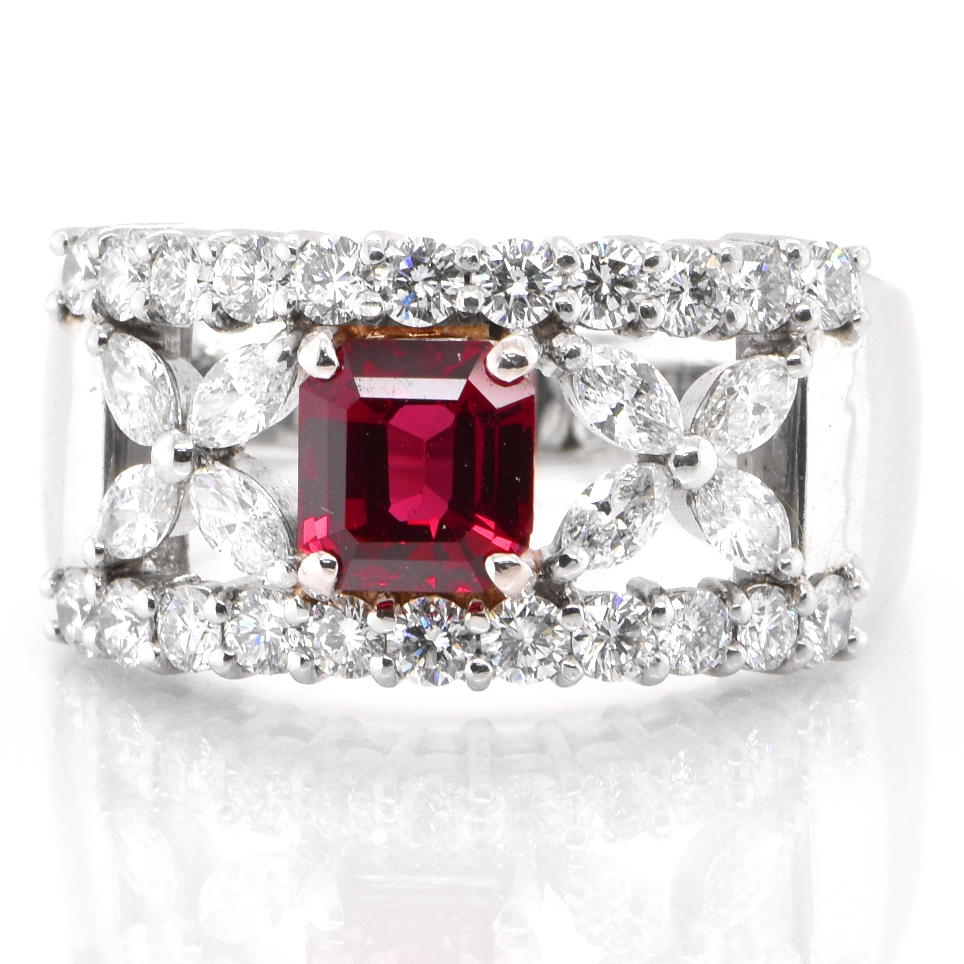 A beautiful ring set in Platinum featuring a GIA Certified 1.32 Carat Natural Thai (Siam), Untreated Ruby and 1.43 Carat Diamonds. Rubies are referred to as 