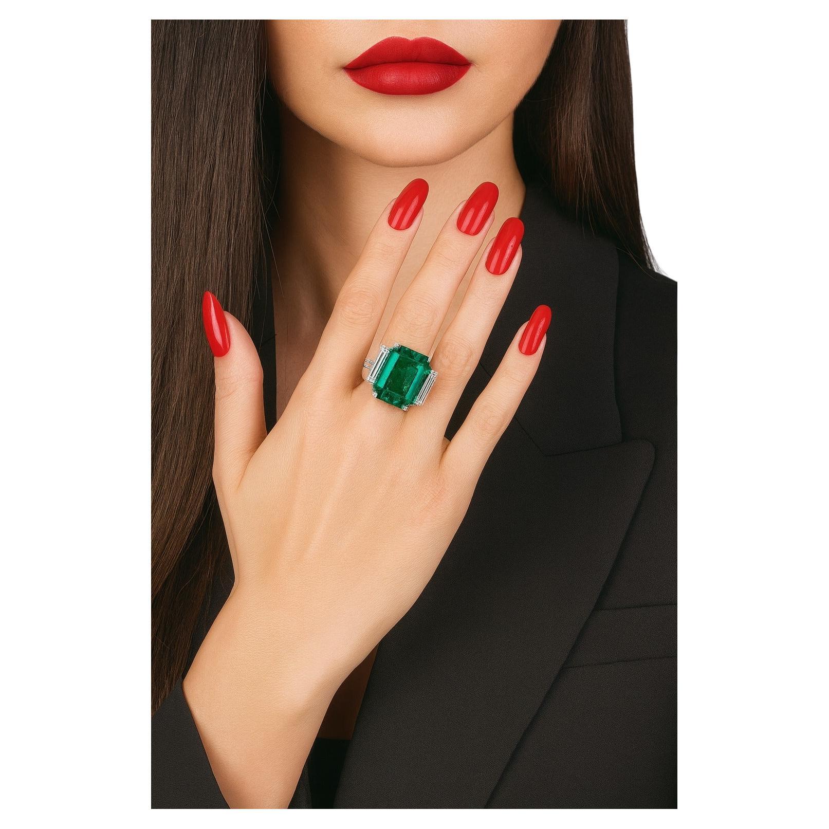 GIA Certified 13.20 Carat Emerald and Diamond Platinum Ring For Sale