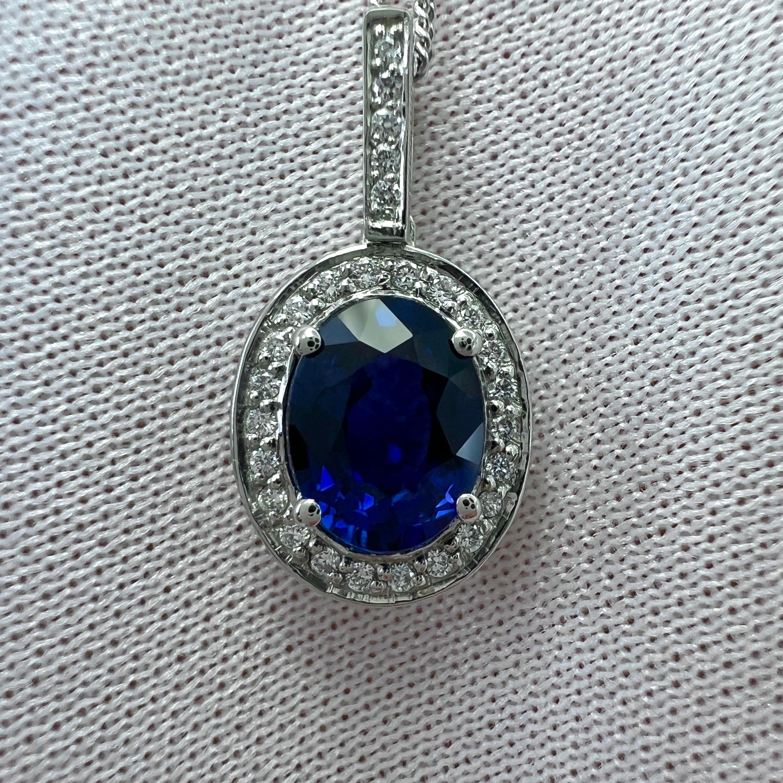 GIA Certified 1.32ct Fine ROYAL Blue Oval Sapphire Diamond Platinum Halo Pendant For Sale 6