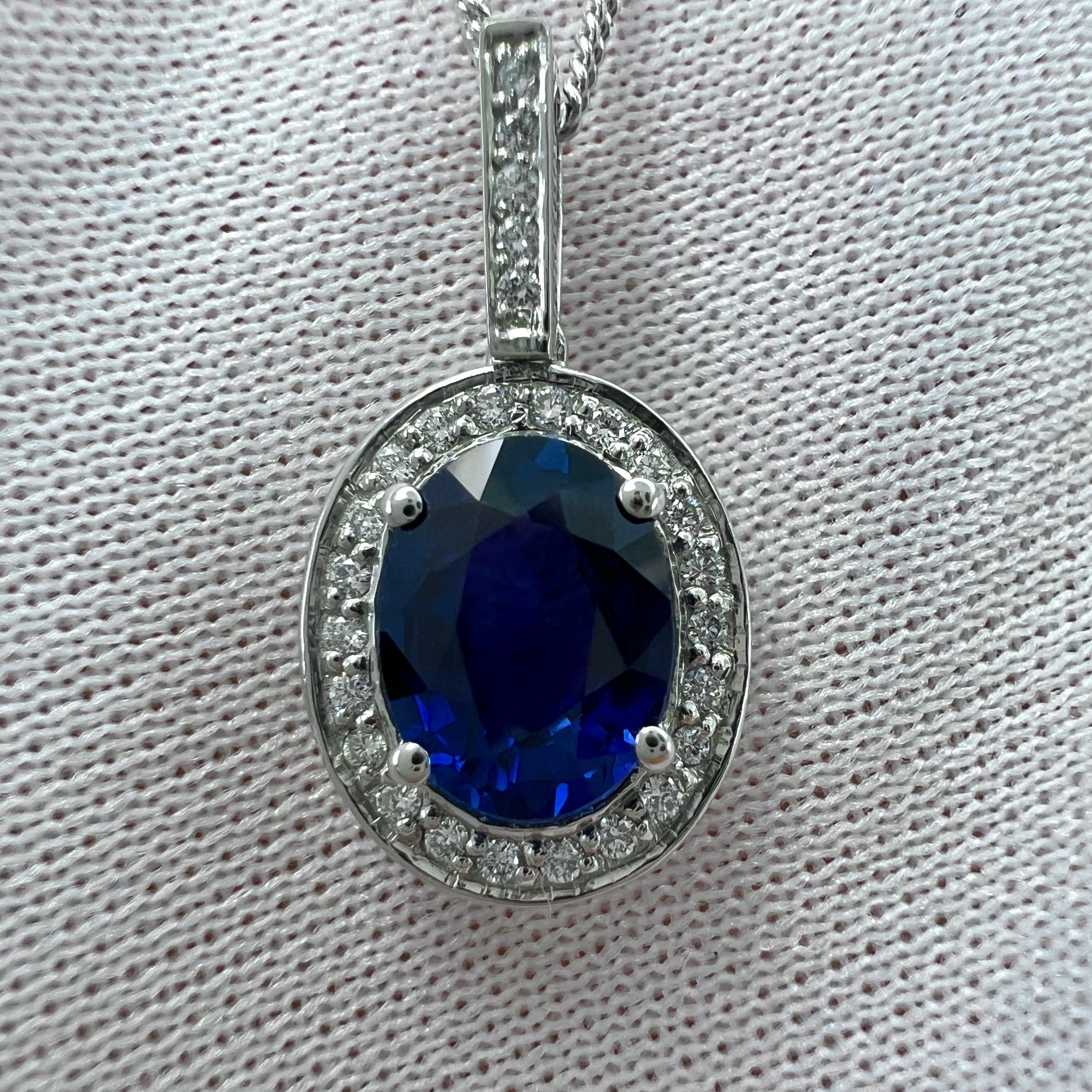 Fine Royal Blue Sapphire & Diamond Platinum Oval Halo Pendant Necklace.

GIA Certified 1.32 carat oval cut sapphire with a stunning deep royal blue colour and excellent clarity. A very clean stone, VVS.
This sapphire also has an excellent oval cut