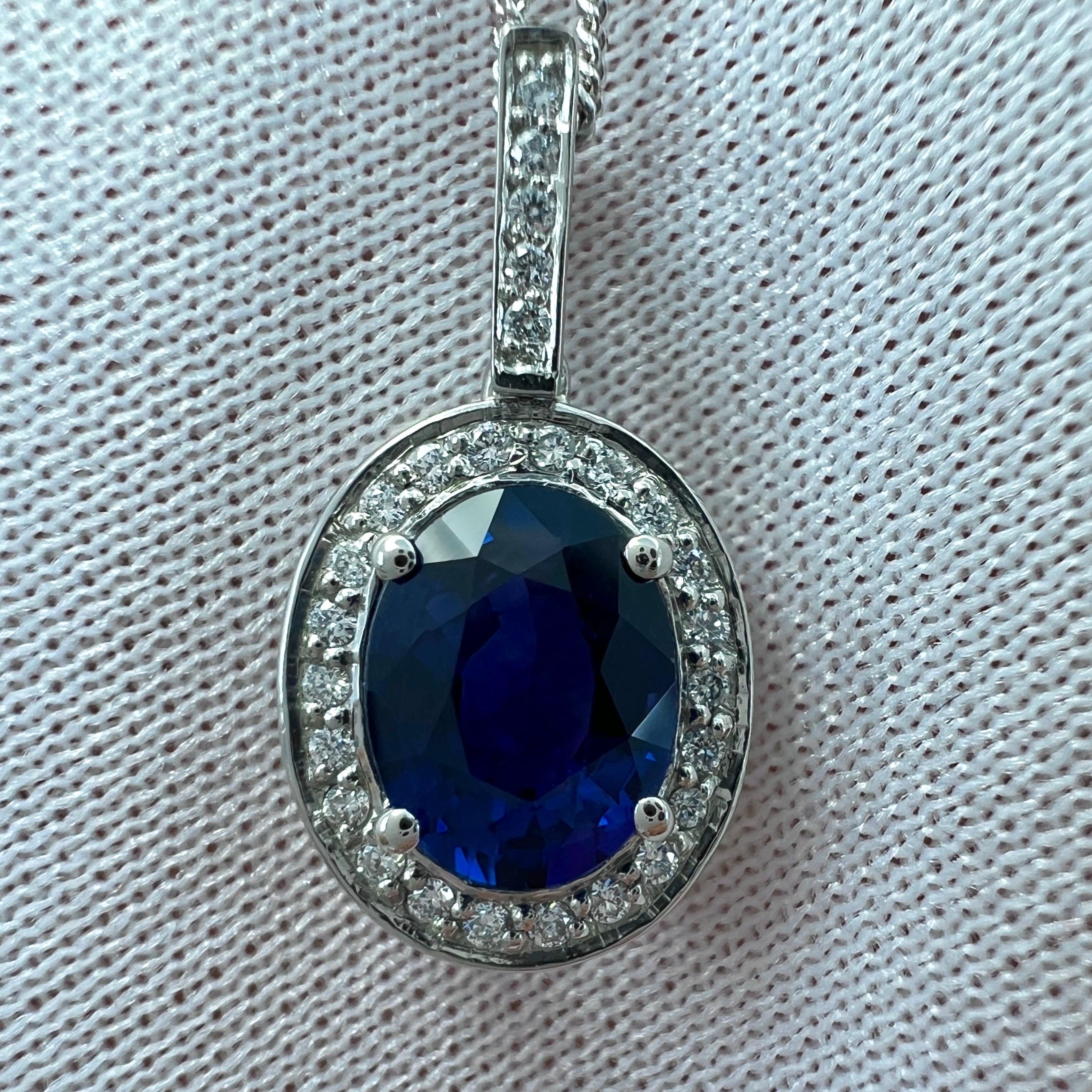 GIA Certified 1.32ct Fine ROYAL Blue Oval Sapphire Diamond Platinum Halo Pendant For Sale 1