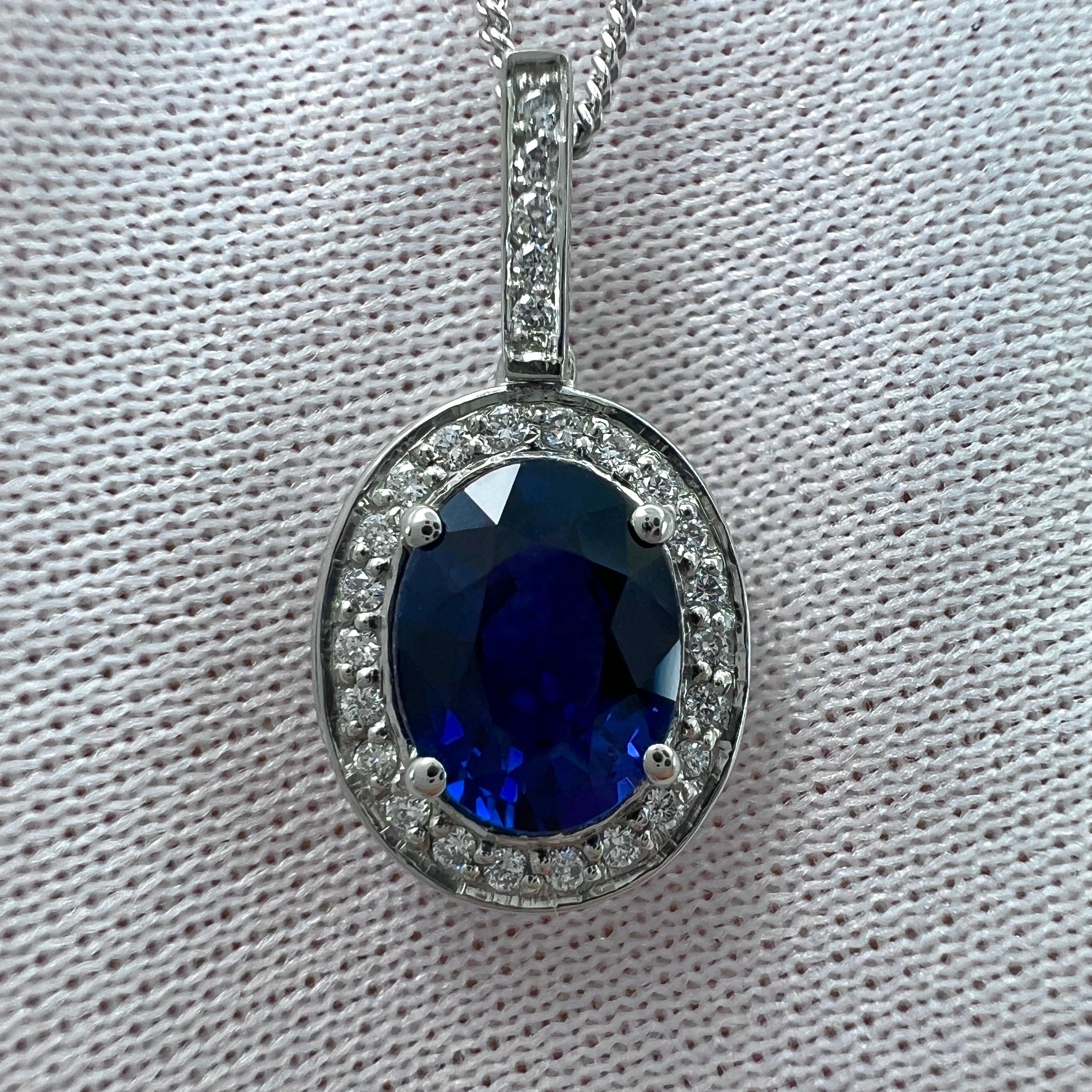 GIA Certified 1.32ct Fine ROYAL Blue Oval Sapphire Diamond Platinum Halo Pendant For Sale 2