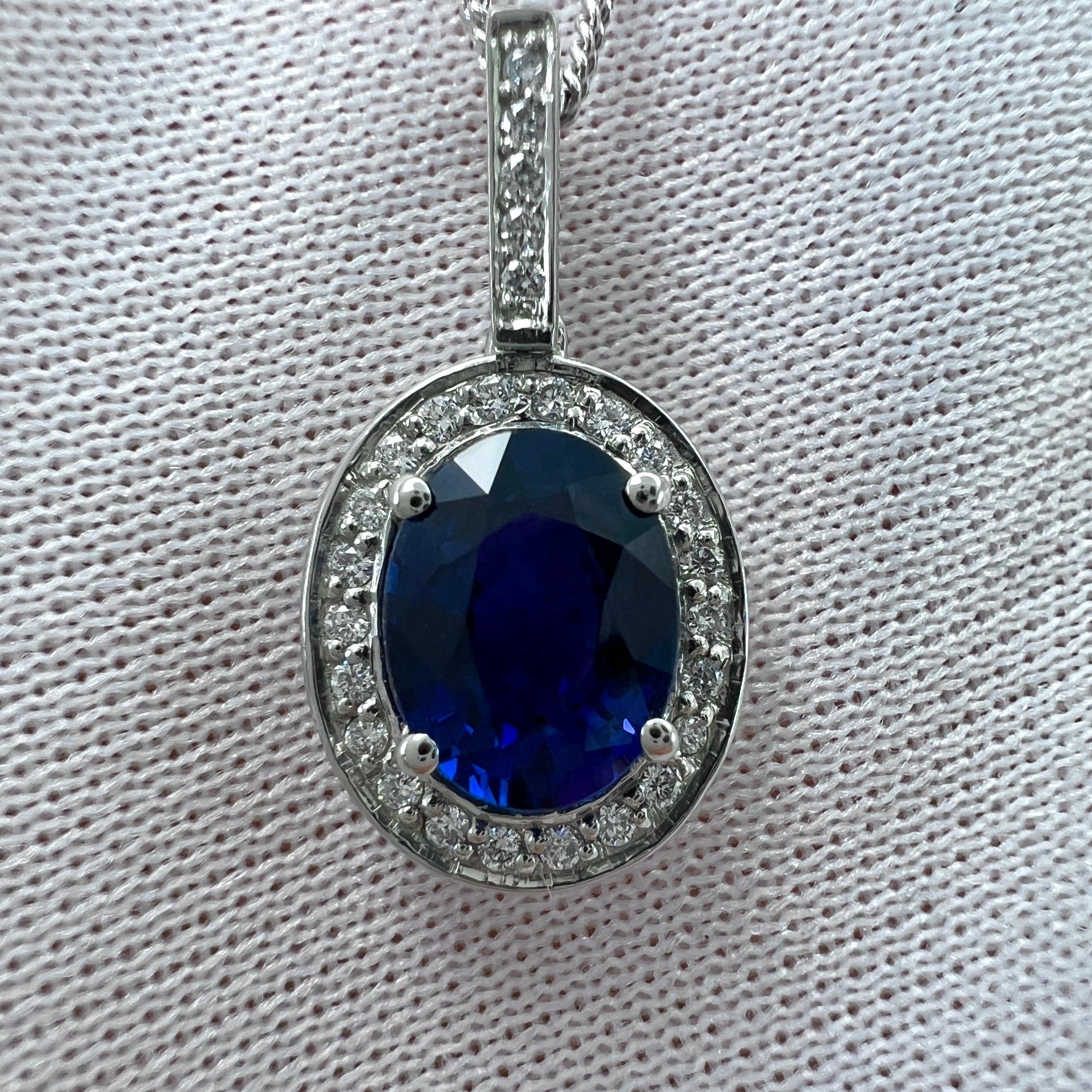 GIA Certified 1.32ct Fine ROYAL Blue Oval Sapphire Diamond Platinum Halo Pendant For Sale 3