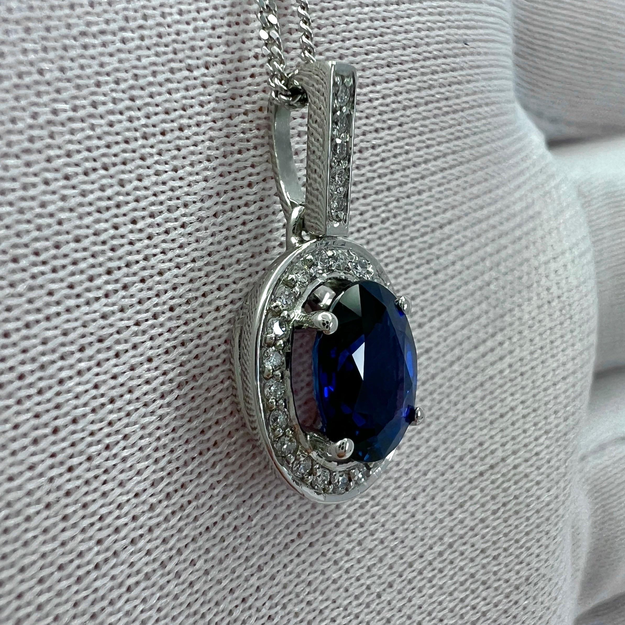 GIA Certified 1.32ct Fine ROYAL Blue Oval Sapphire Diamond Platinum Halo Pendant For Sale 4