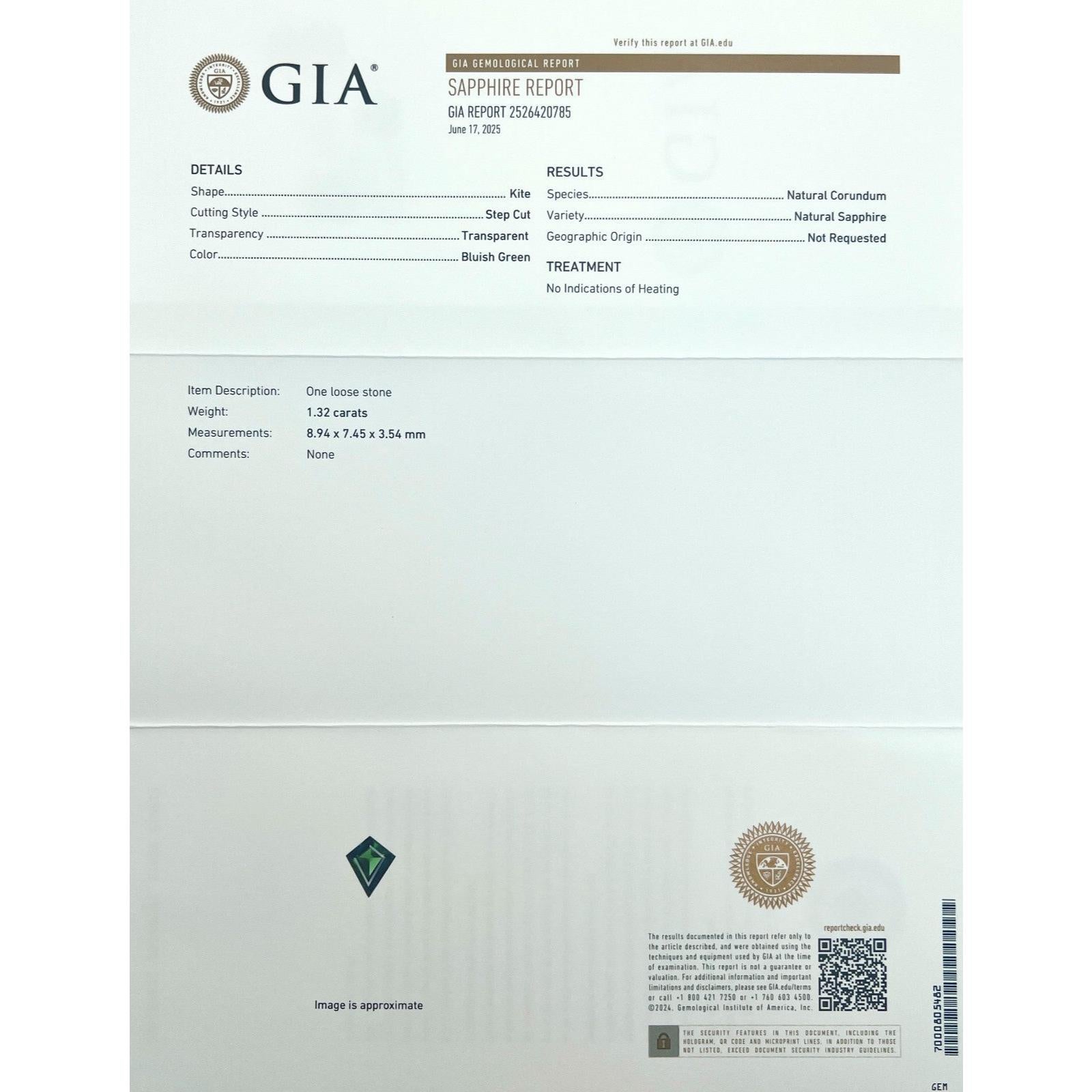 Zafiro de fantasía de 1,32 ct, certificado por GIA, talla cometa, natural, verde profundo, sin tratar, VVS

Gema de zafiro verde profundo talla cometa natural sin tratar.
Zafiro sin calentar de 1,32 quilates de un hermoso color verde