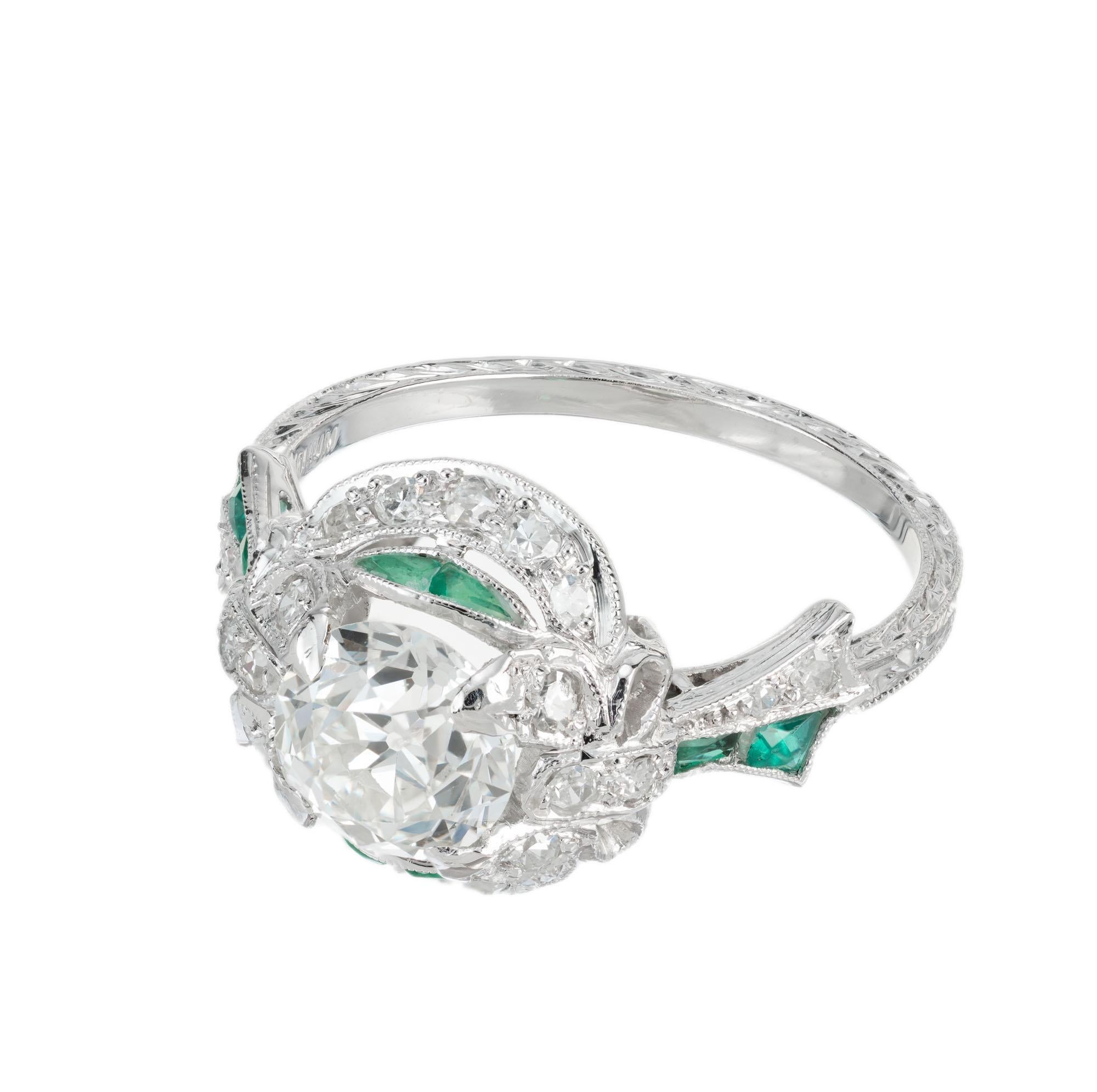 Old European Cut GIA Certified 1.33 Carat Diamond Emerald Platinum Engagement Ring For Sale