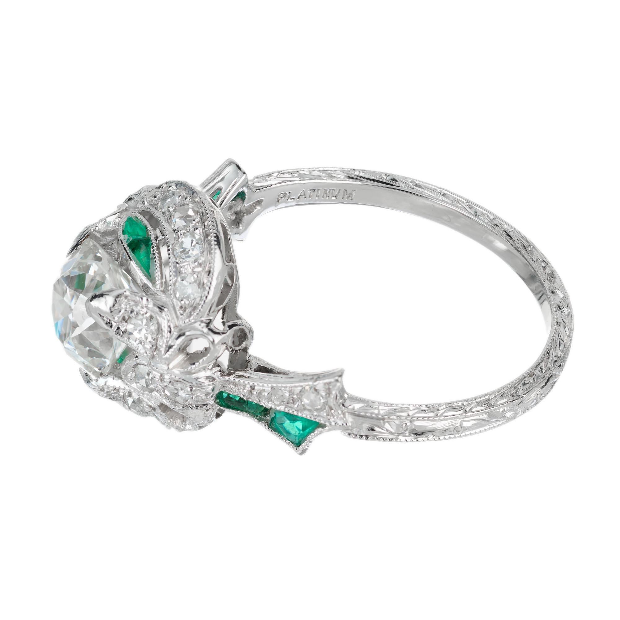 GIA Certified 1.33 Carat Diamond Emerald Platinum Engagement Ring In Good Condition For Sale In Stamford, CT