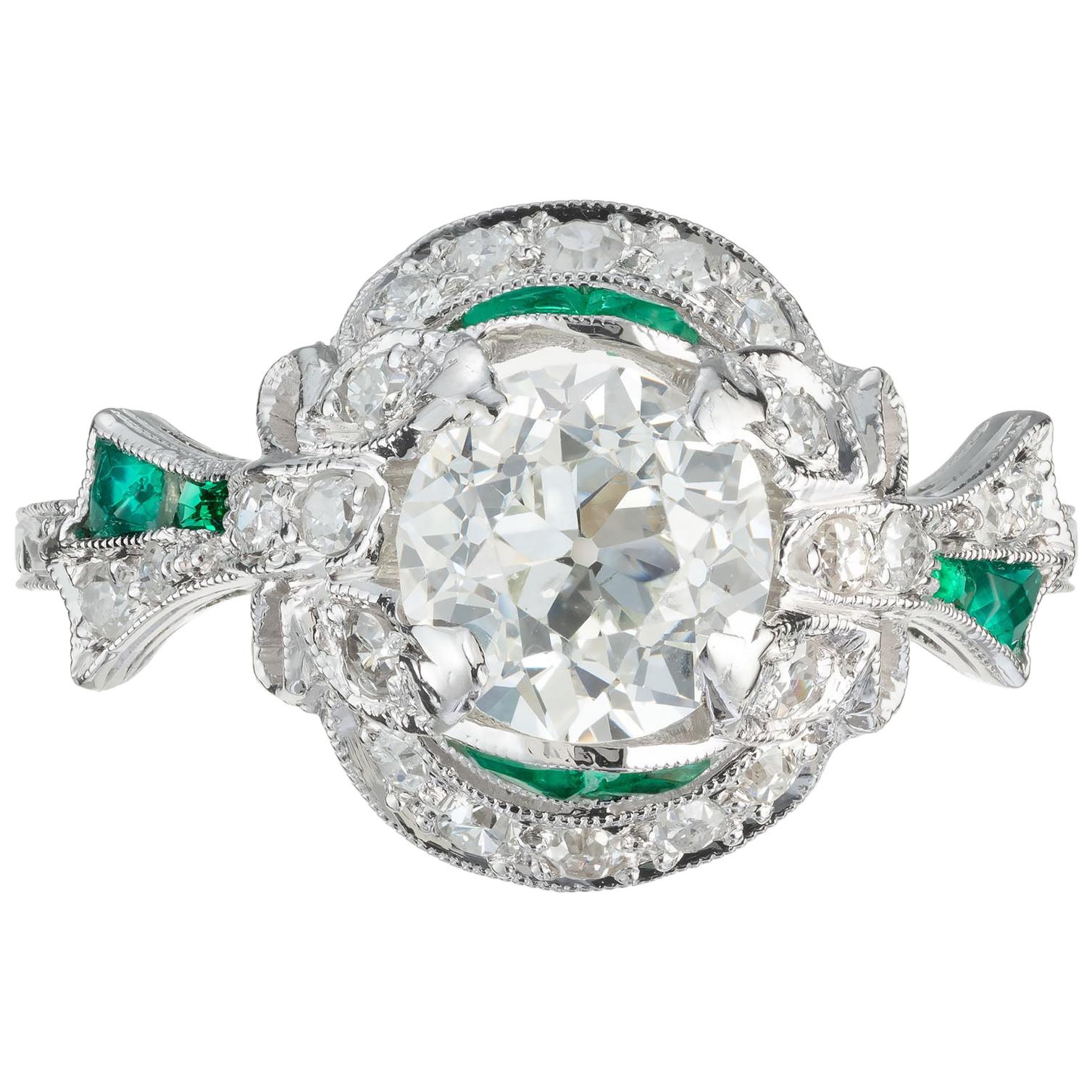 GIA Certified 1.33 Carat Diamond Emerald Platinum Engagement Ring For Sale