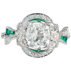 Antique GIA Certified 1.33 Carat Diamond Emerald Platinum Engagement Ring