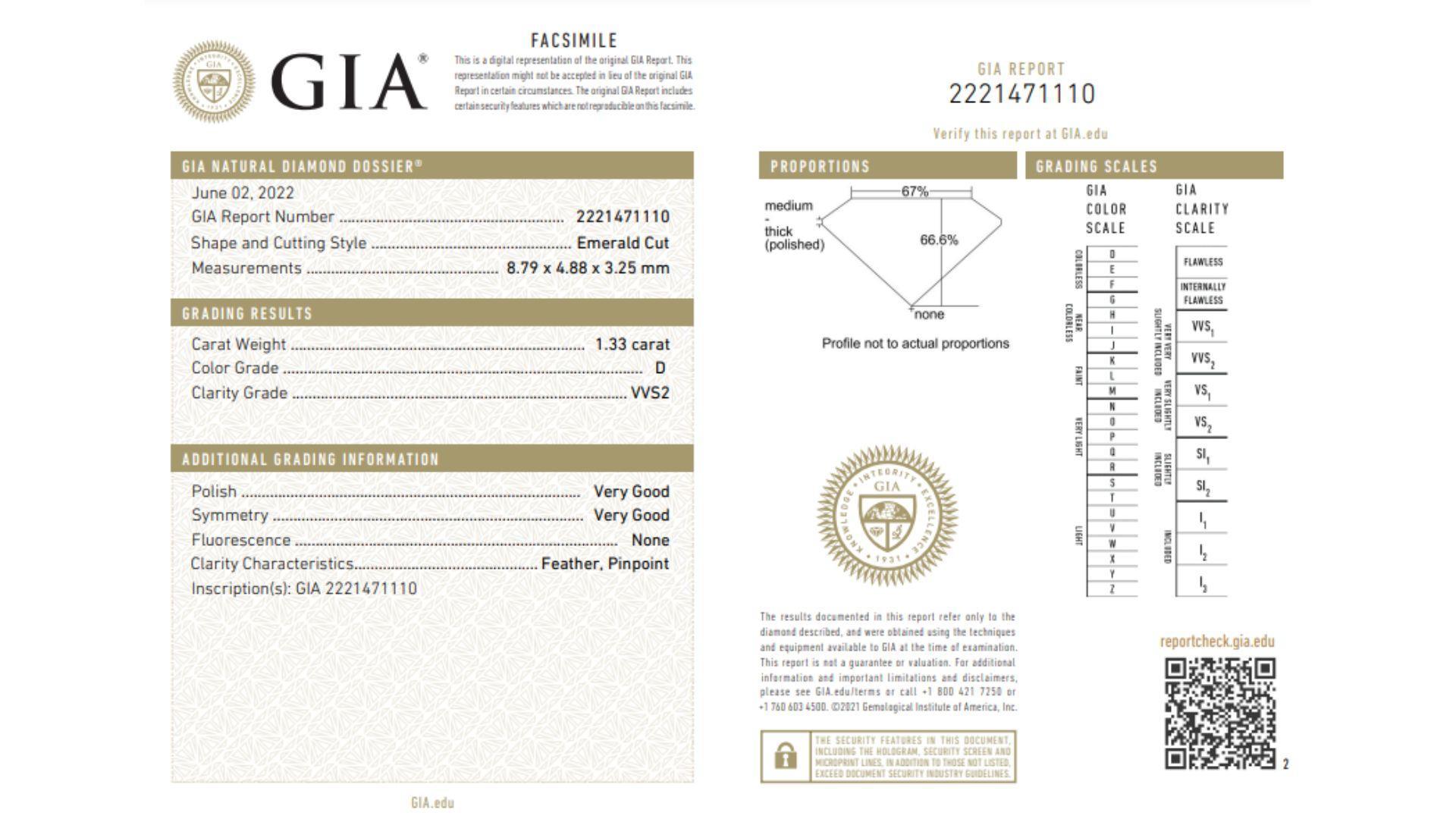 GIA-zertifizierter 1,33 Karat Smaragdschliff D/VVS2 Diamant Ost-West-Ring im Angebot 3
