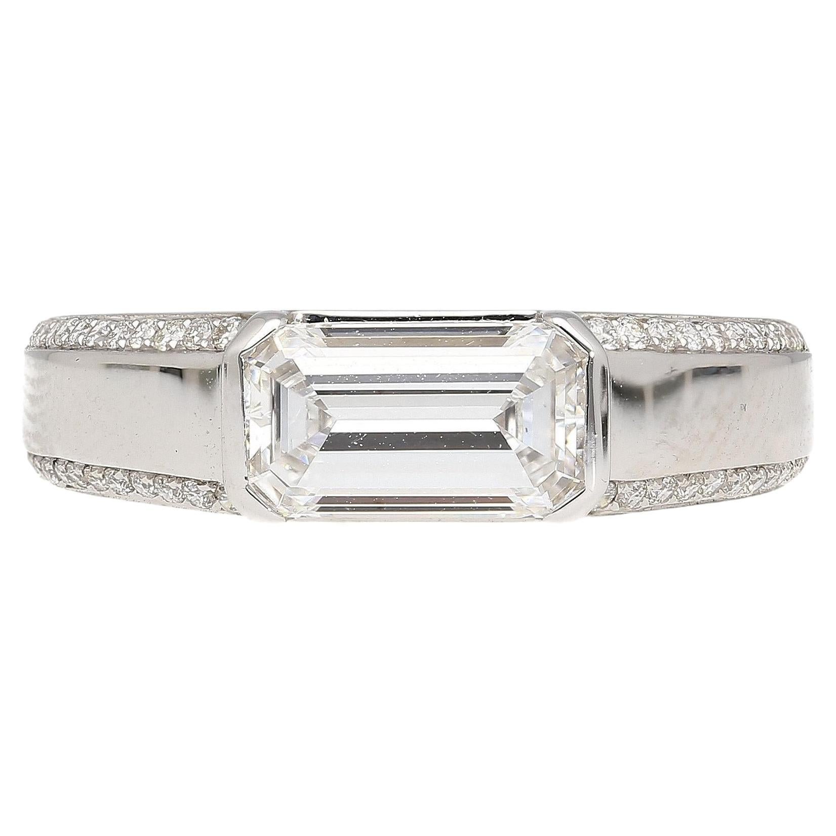 GIA Certified 1.33 Carat Emerald Cut D/VVS2 Diamond East West Band Ring For Sale