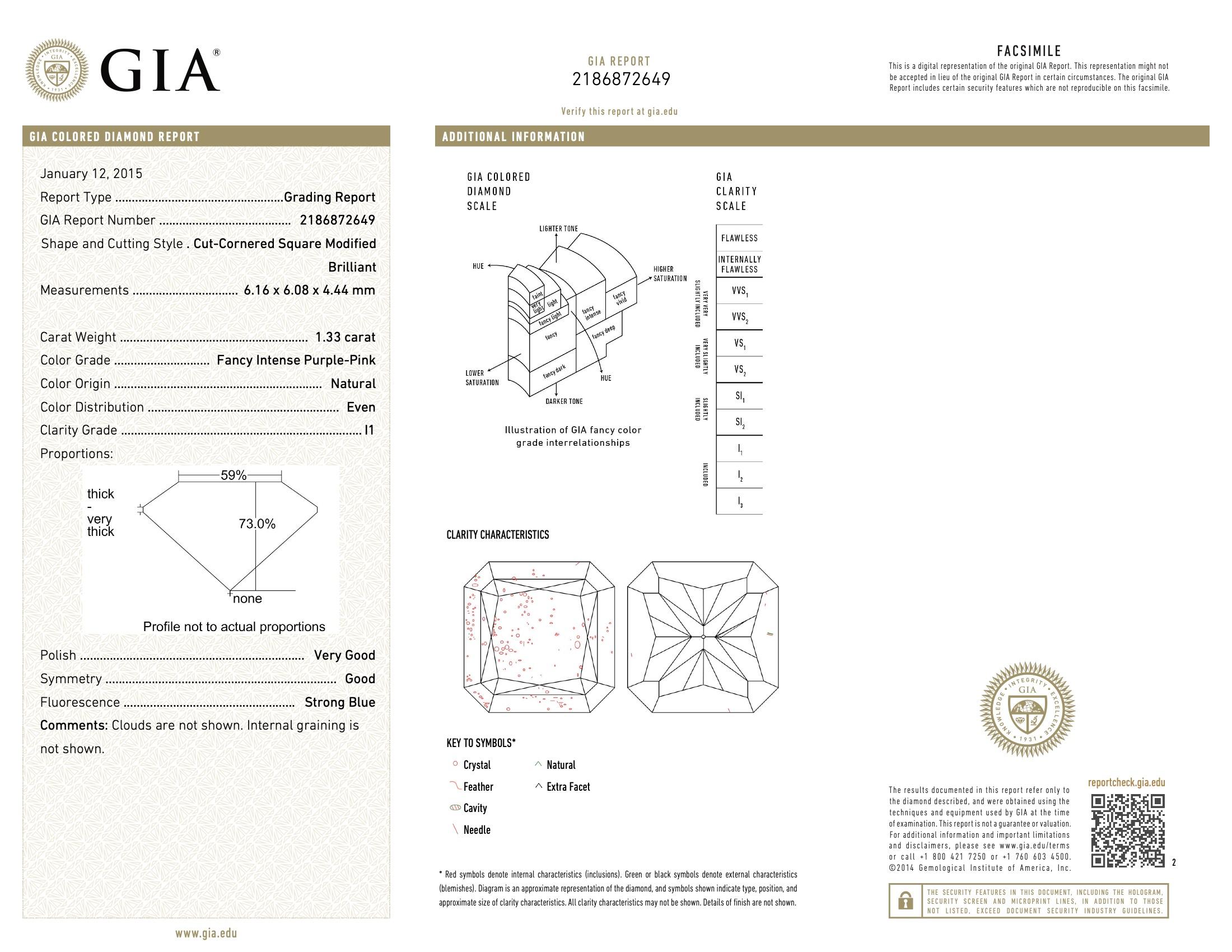 GIA Certified 1.33 Carat Fancy Intense Pink Purple I1 Clarity Diamond For Sale 1