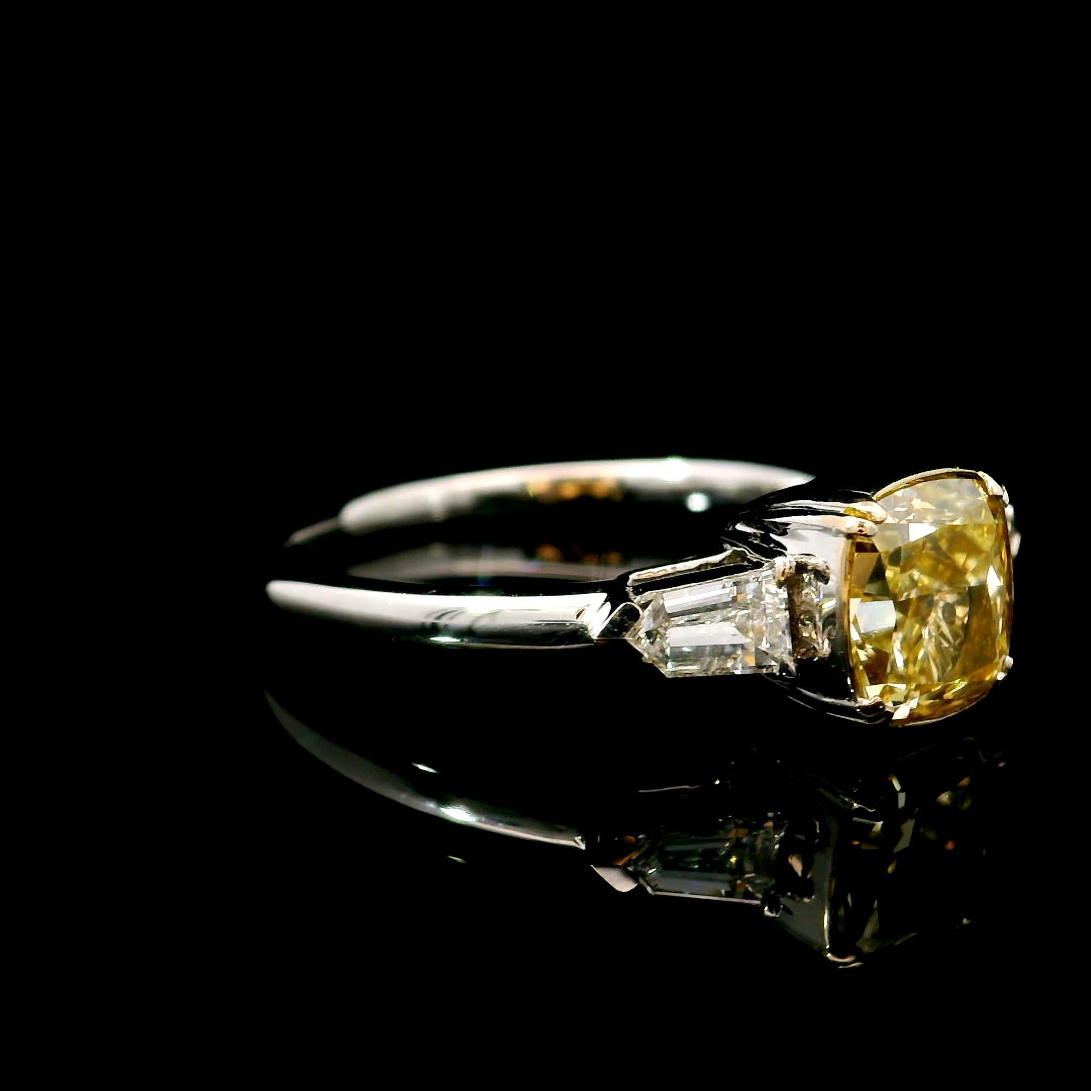 Cushion Cut GIA Certified 1.33 Carat Fancy Light Yellow VS1 Clarity Diamond Ring For Sale