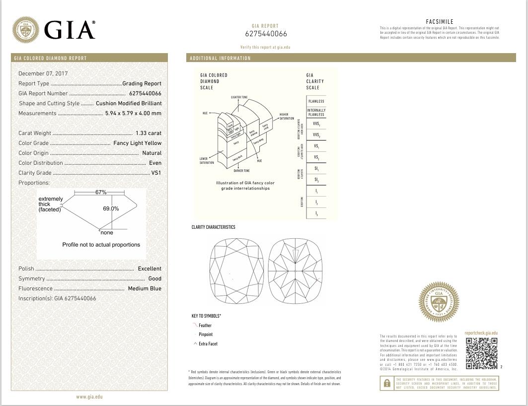 GIA Certified 1.33 Carat Fancy Light Yellow VS1 Clarity Diamond Ring For Sale 3