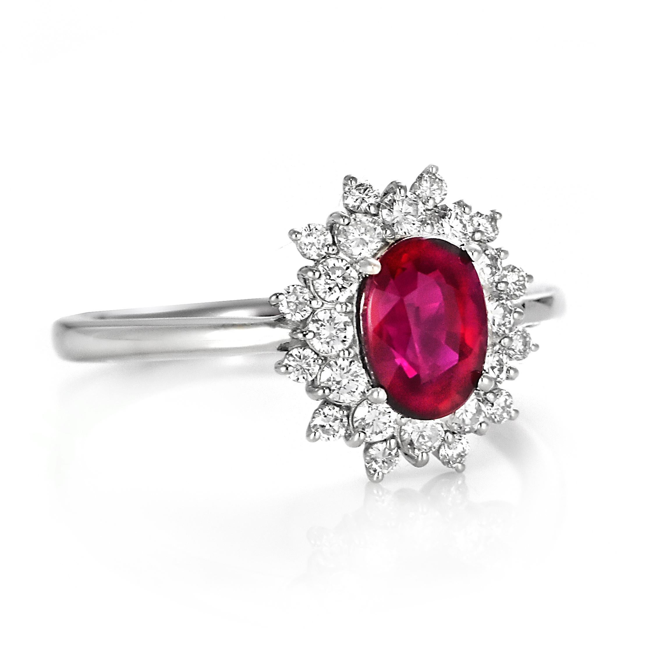 Oval Cut GIA Certified 1.33 Carat Pigeon's Blood Red Burmese Ruby Ring Made in Platinum For Sale