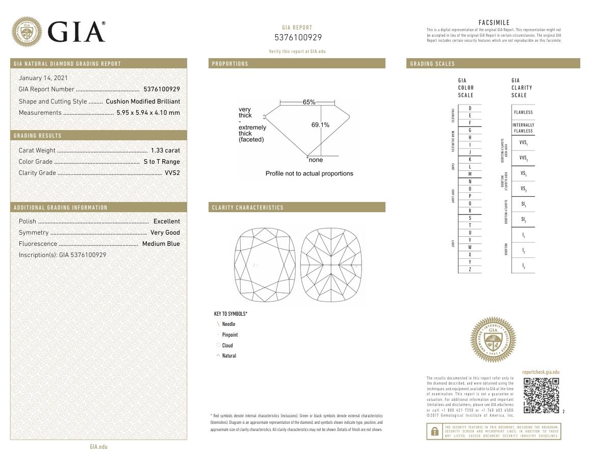 GIA Certified 1.33 Carat S - T Colour VVS2 Clarity Diamond For Sale 1