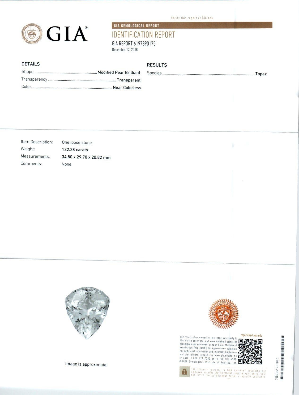GIA Certified 133.28 Carat Topaz Diamond Yellow White Gold Pendant Necklace 3