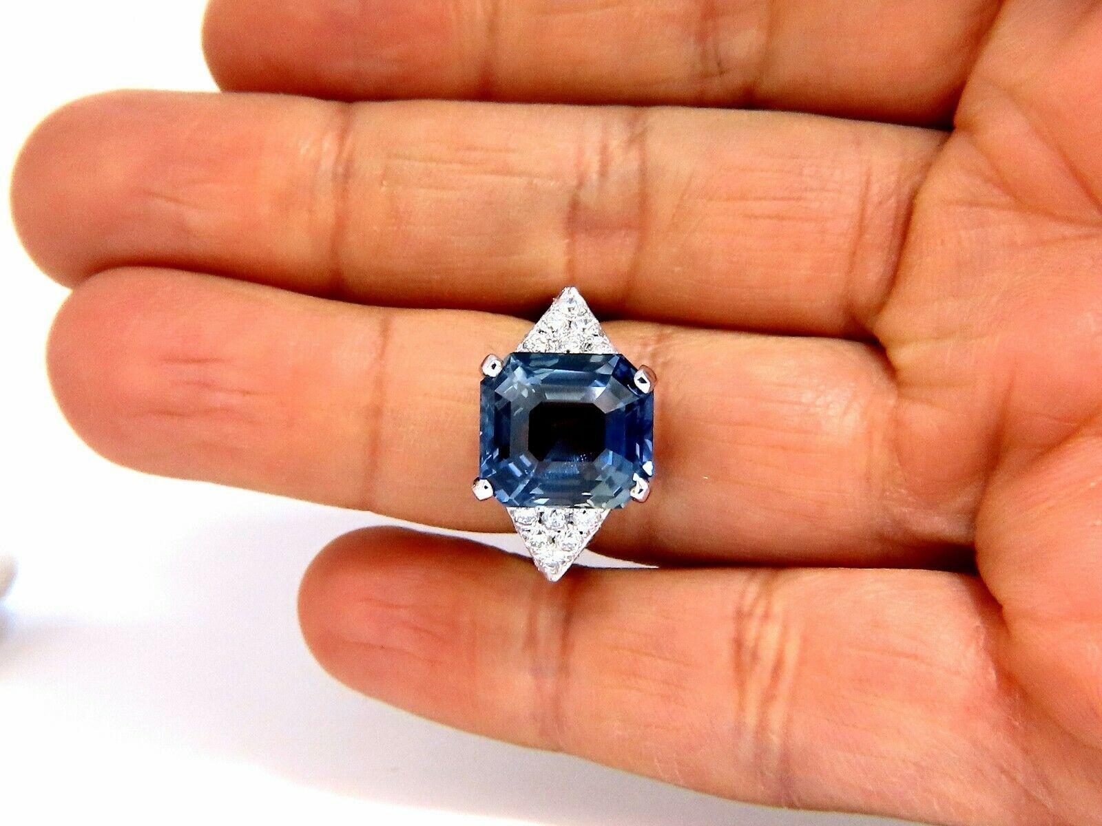 Emerald Cut GIA Certified 13.33 C Natural No Heat Sapphire Diamond Ring Unheated 14 Karat For Sale