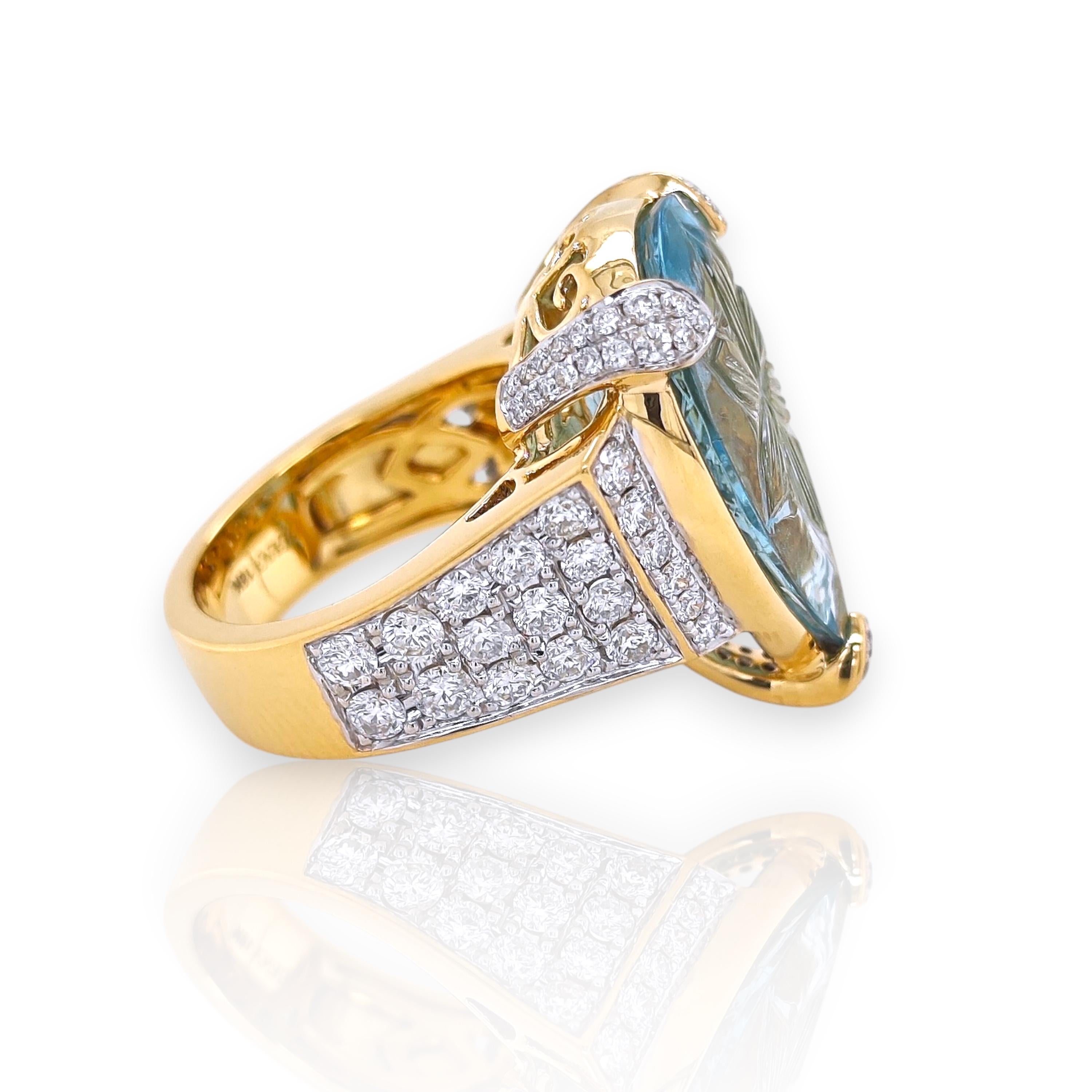 1 Aquamarine Gemstone: 11.53 Carats
89 White Round Diamonds: 1.86 Carats
Metal: 18K Yellow Gold, 12.70 Grams
GIA Certificate: Certificate # 7235411161