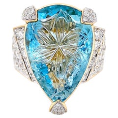 GIA Certified 13.39 Carat Aquamarine and White Diamond Yellow Gold Ring