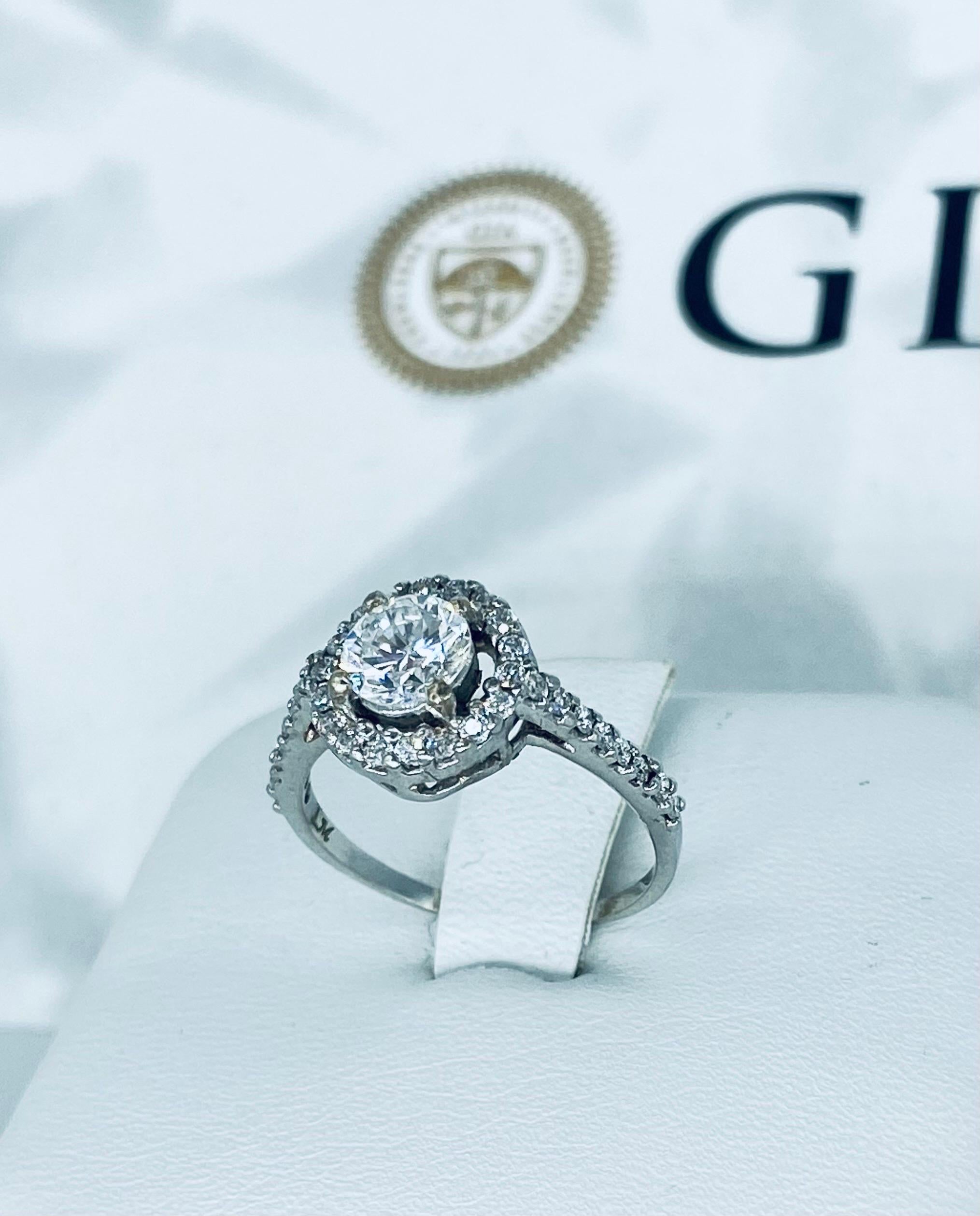 GIA Certified 1.34 Carat Diamonds Halo Engagement Ring 18k White Gold For Sale 2