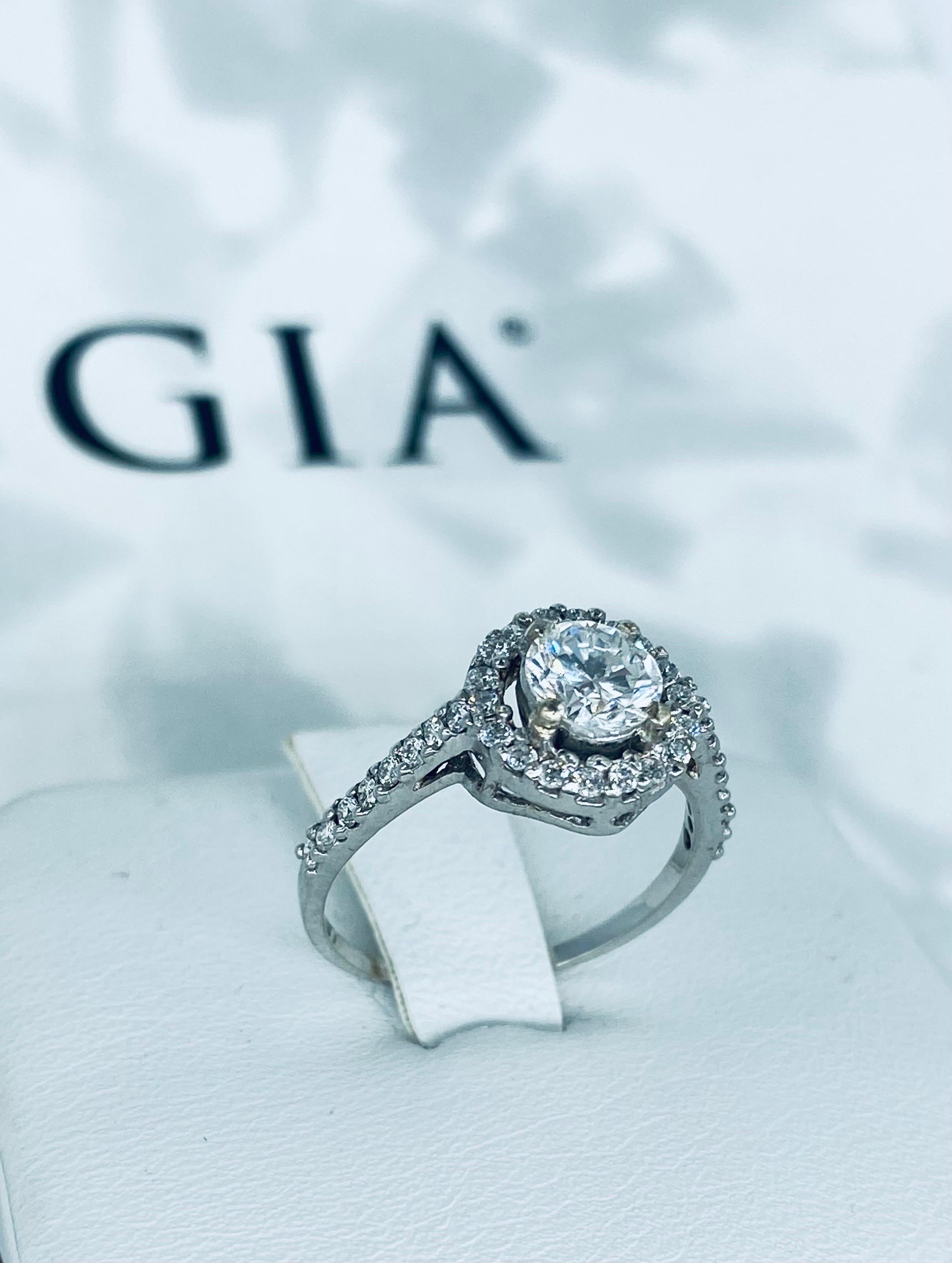 GIA Certified 1.34 Carat Diamonds Halo Engagement Ring 18k White Gold For Sale 3