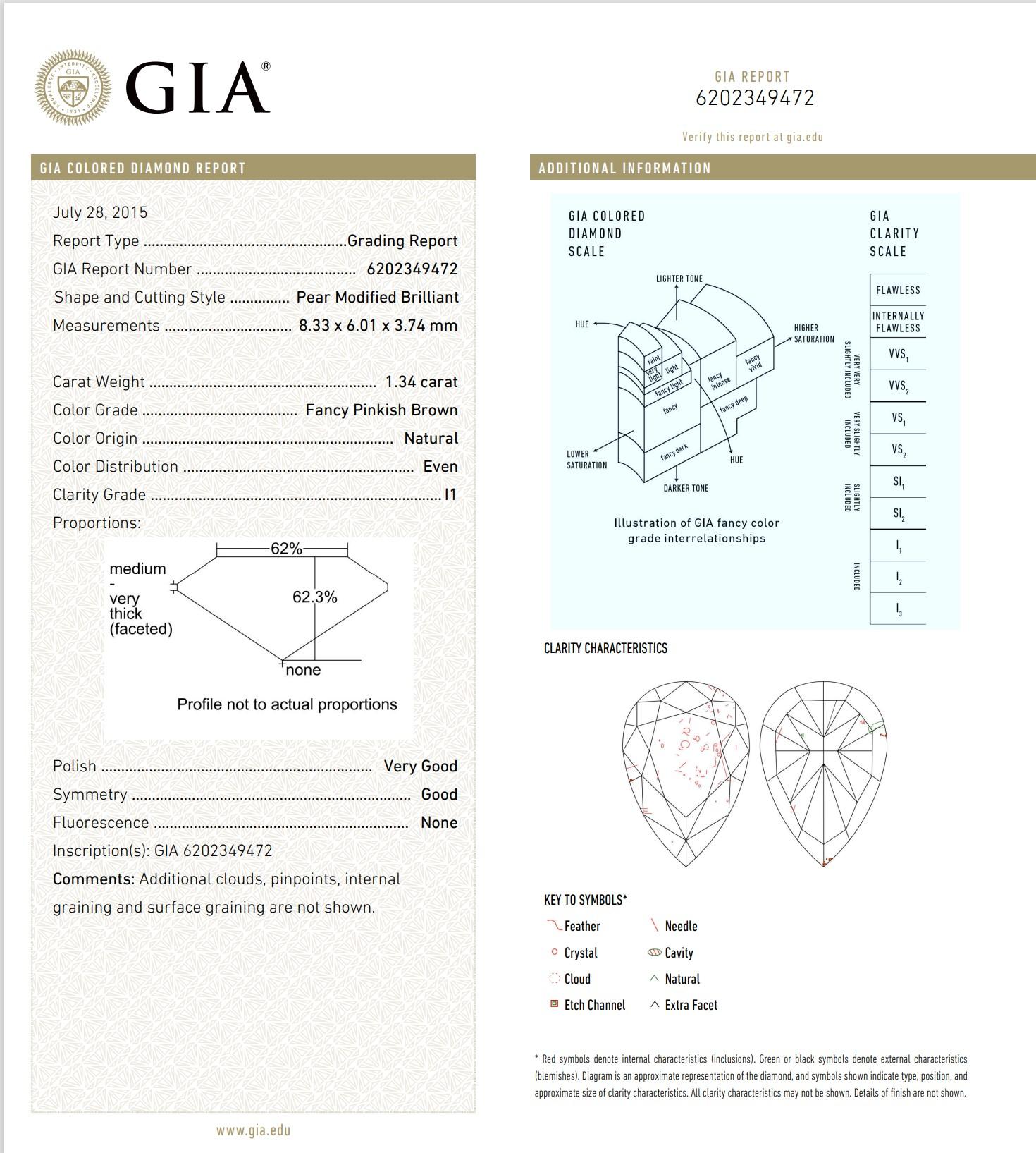 GIA Certified 1.34 Carat Fancy Pinkish Brown I1 Clarity Diamond For Sale 1