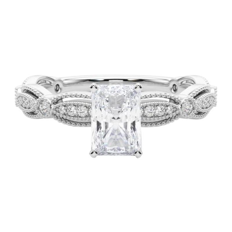 GIA Certified 1.34 Carat Vintage Radiant Milgrain Band Platinum Diamond Ring For Sale