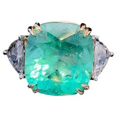 GIA Certified 13.42ct Columbian Emerald & Rose cut 1.71ct Trillion Diamond Ring