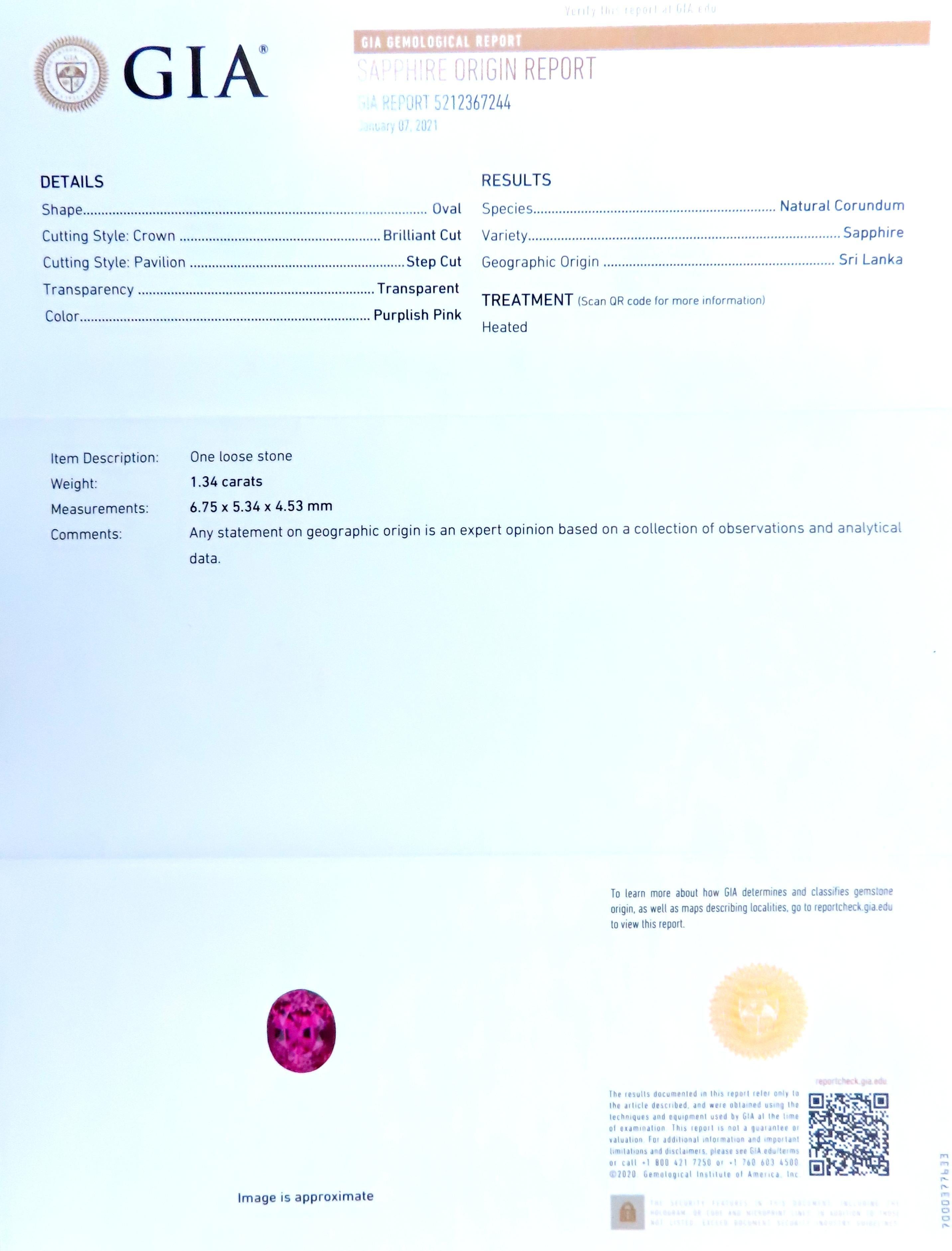 GIA Certified 1.34ct Natural Purple Pink Sapphire Ring 18Kt Gold 16520 In New Condition For Sale In New York, NY