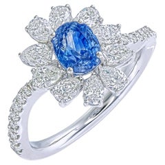 GIA Certified 1.35 Carat Kashmir Blue Sapphire Diamond Ring In 18k White Gold