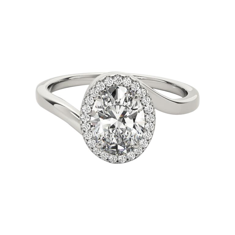 GIA-zertifizierter 1,35 Karat Oval Halo Curved Bypass 18K Weißgold Diamantring
