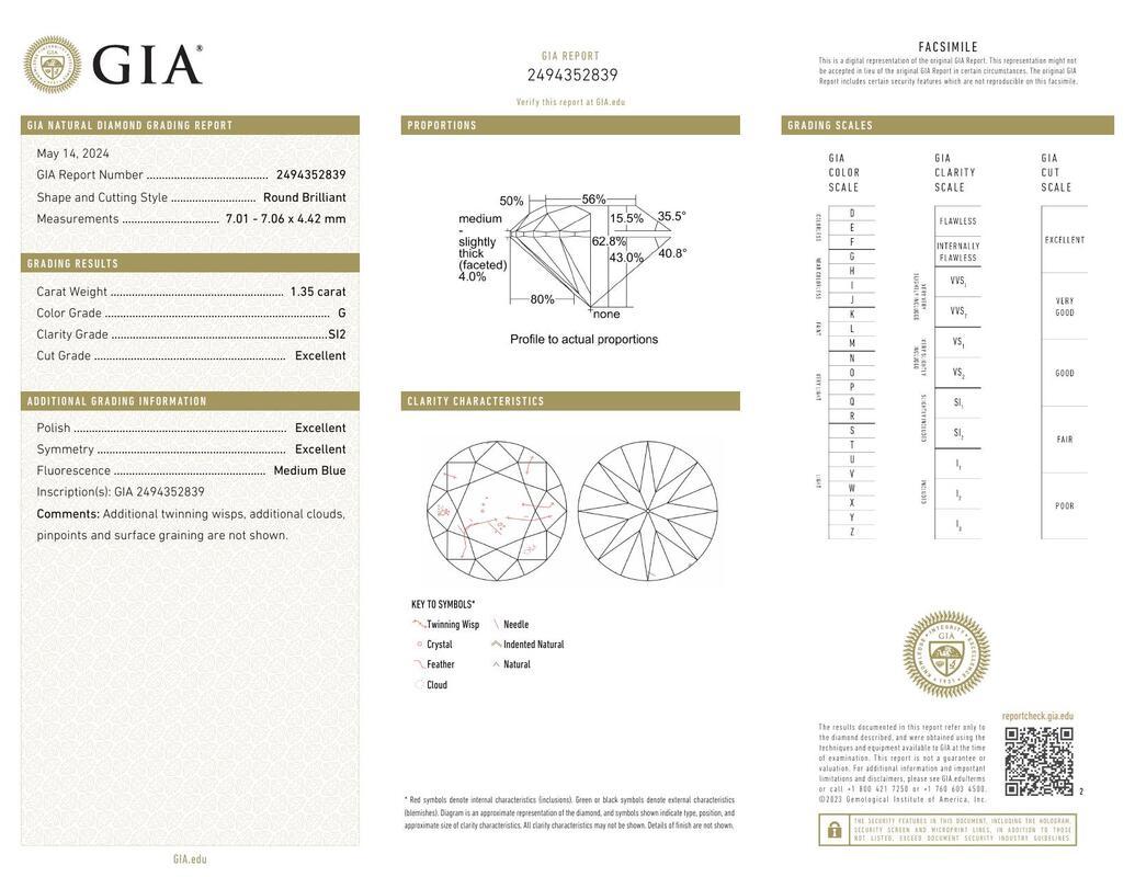 Anillo de diamantes en platino de tres piedras redondo Este-Oeste de 1,35 quilates certificado por GIA Contemporáneo en venta
