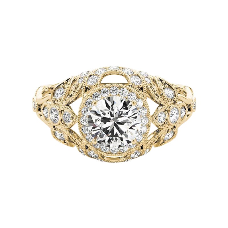 Bague à diamant certifié GIA 1.35 carat Round Halo Dome Filigree Trellis