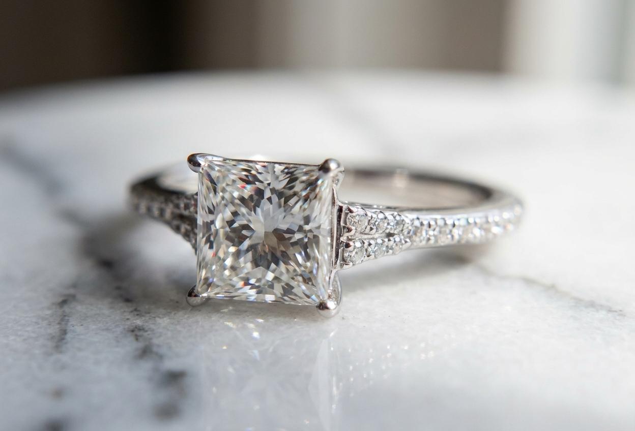 Anello di fidanzamento con diamante taglio principessa certificato GIA da 1,35 carati A. Simon In condizioni ottime in vendita a Chicago, IL