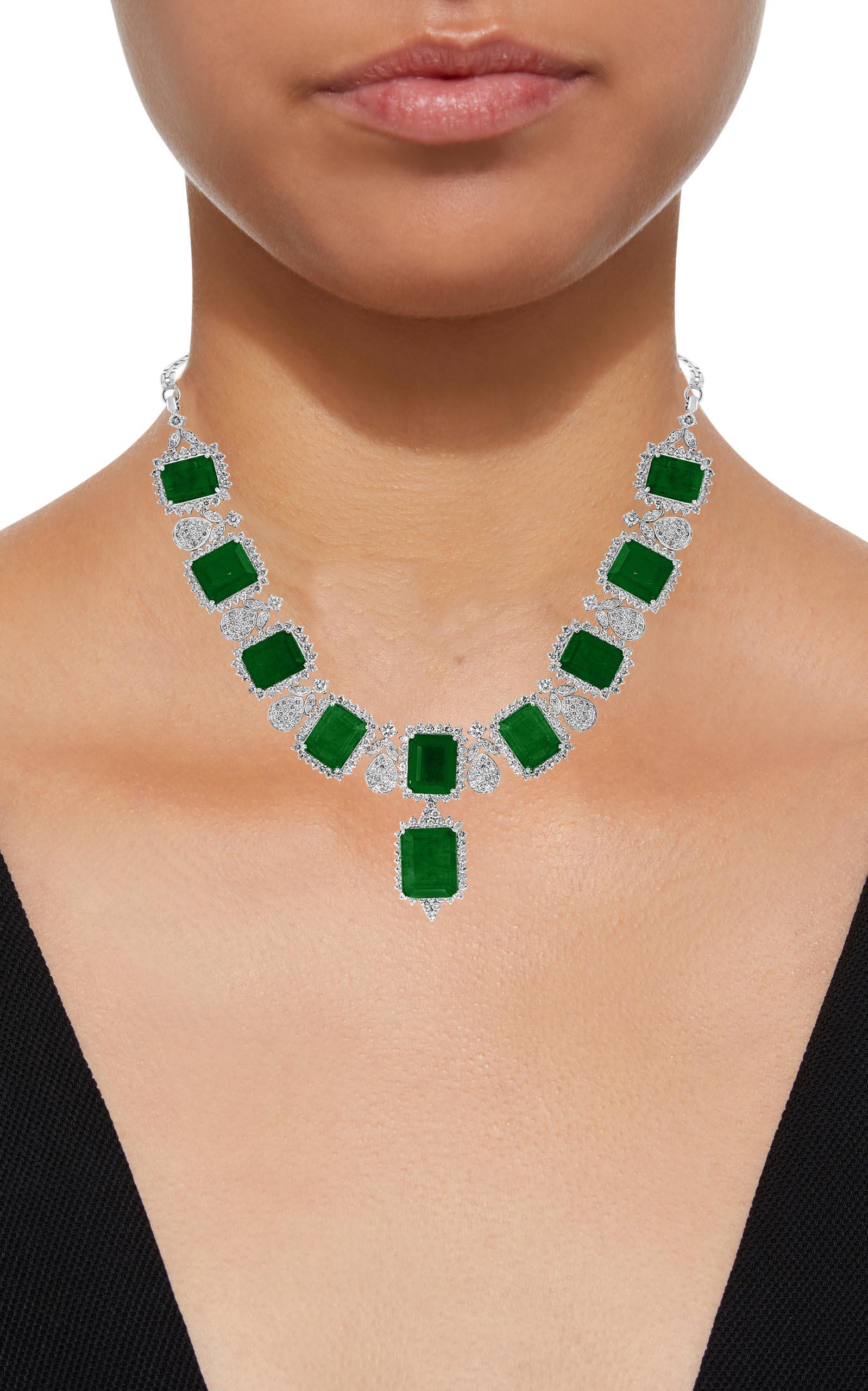 GIA Certified 135 Ct Emerald and 28 Ct Diamond Necklace and Earring Bridal Suite 1